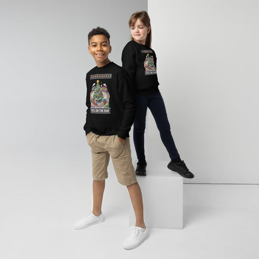 Two children wearing black sweatshirts with colorful graphics on a white background