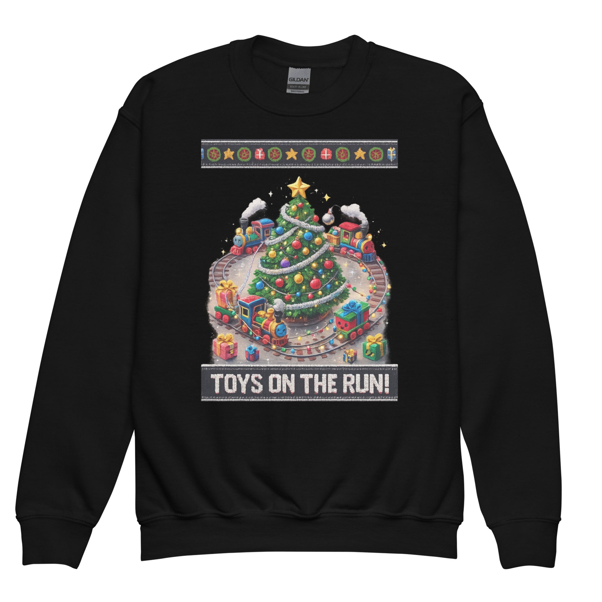 Black sweatshirt with a Christmas tree and toys design on a white background