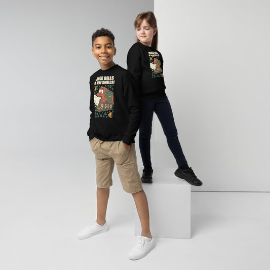 Two children wearing black graphic sweatshirts on a white background