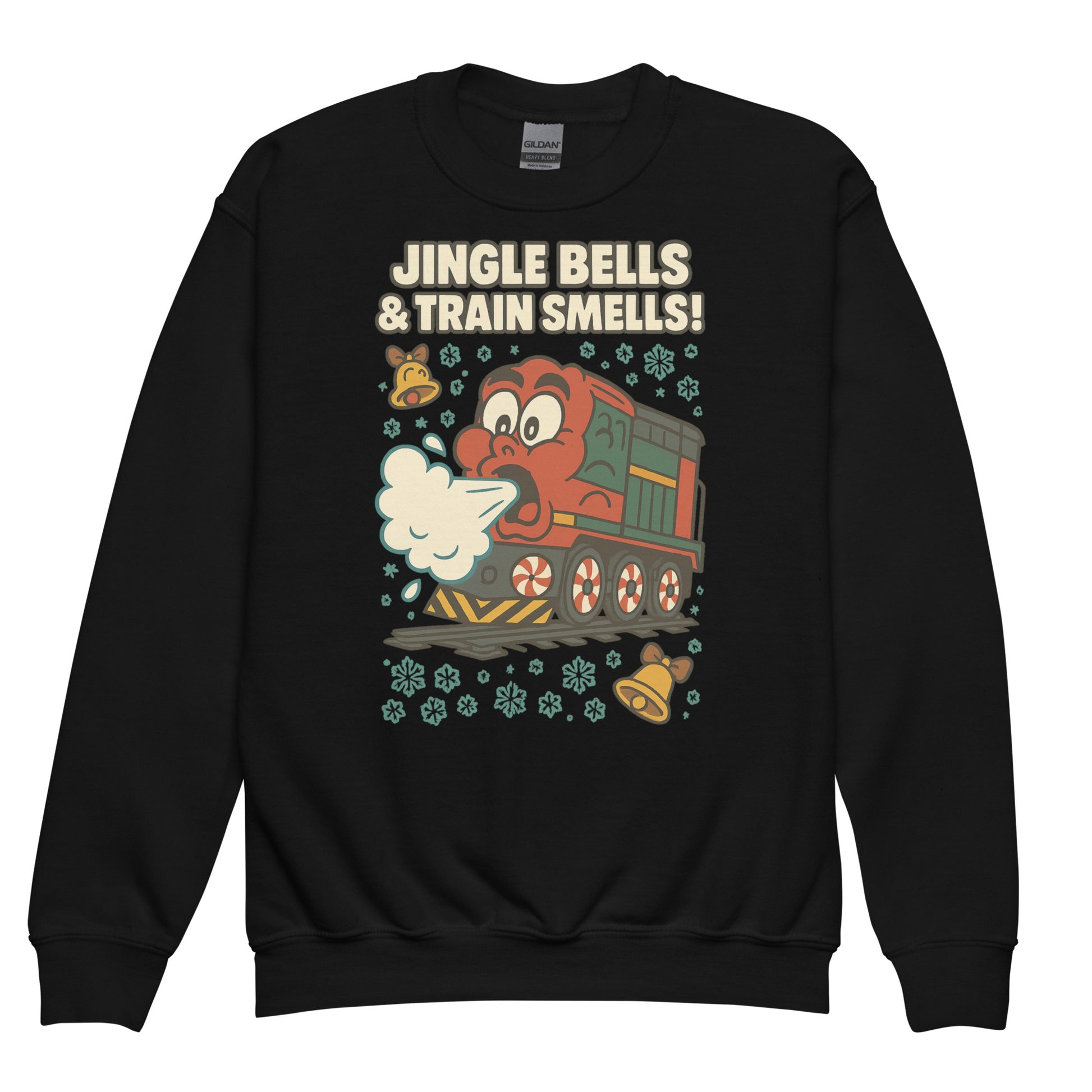 Black sweatshirt with a train graphic and text 'Jingle Bells & Train Smells!' on a white background