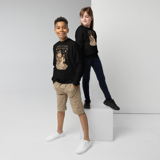 Two children wearing black sweatshirts with graphic designs on a white background