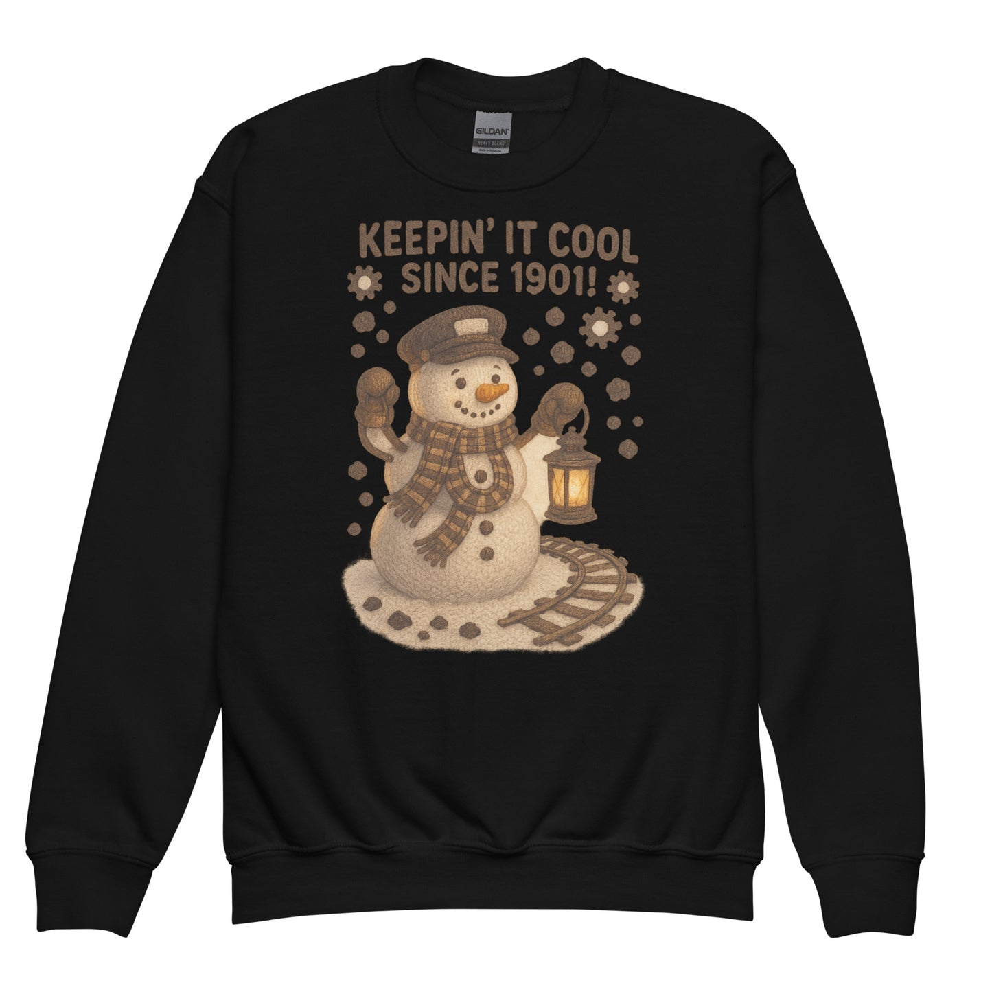 Black sweatshirt with a snowman design and text 'KEEPIN' IT COOL SINCE 1901!' on a white background
