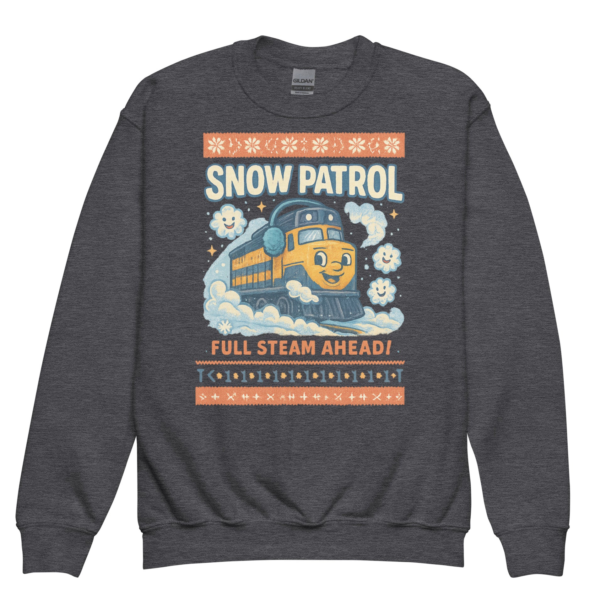 Gray sweatshirt with a train graphic and text on a white background