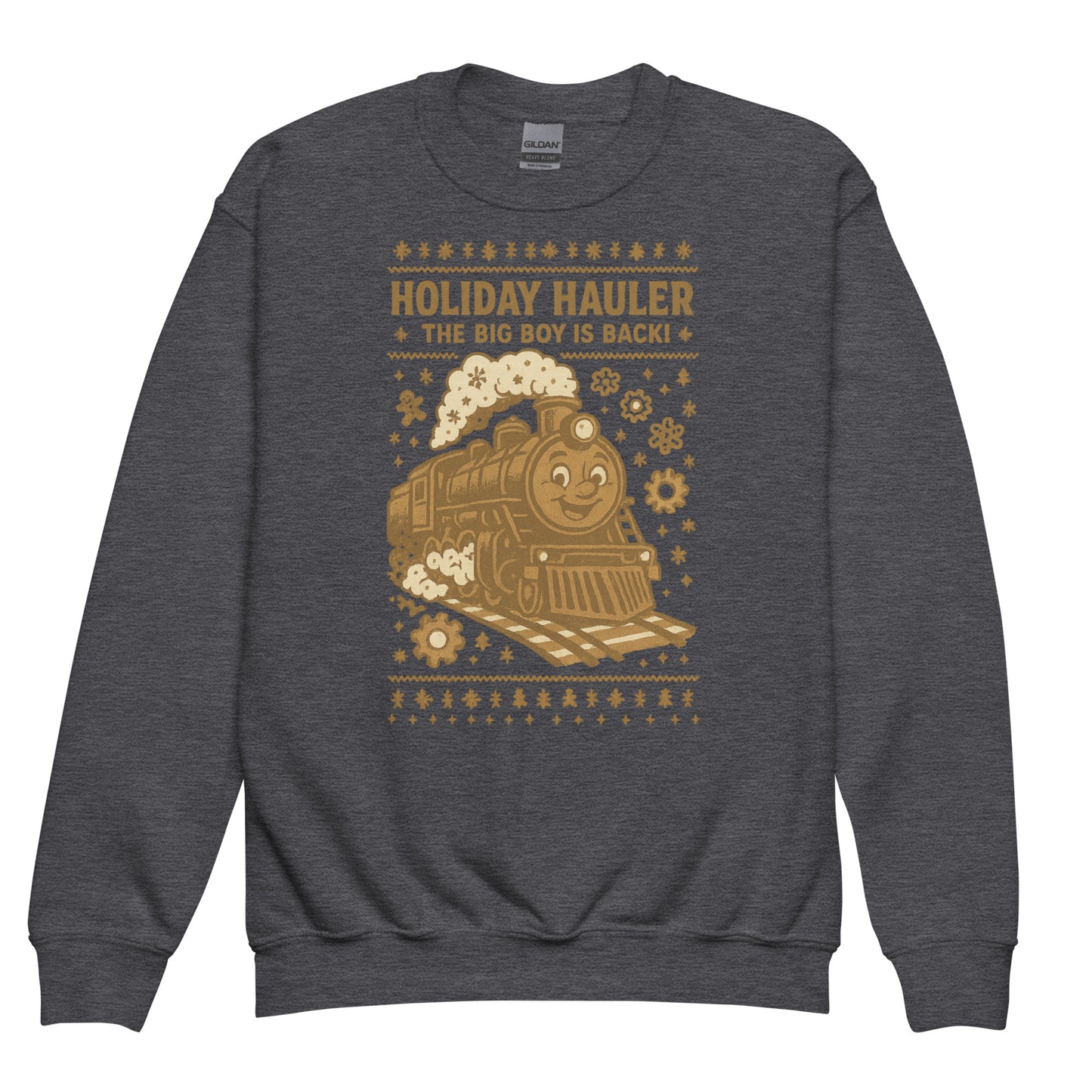 Gray sweatshirt with a gold train design and text on a white background