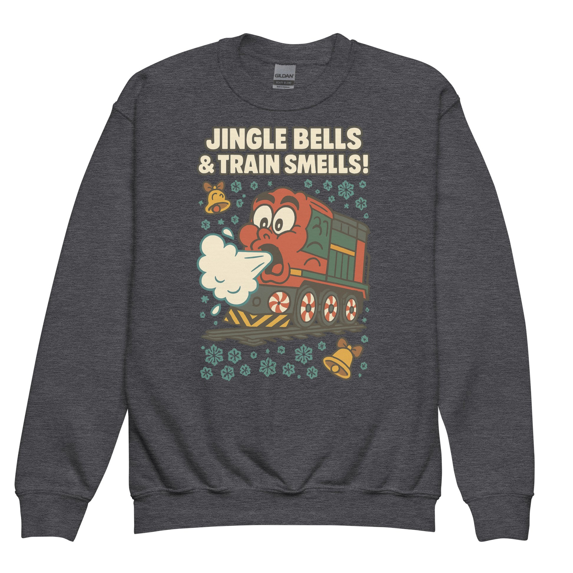 Gray sweatshirt with a cartoon train and text 'Jingle Bells & Train Smells!' on a white background