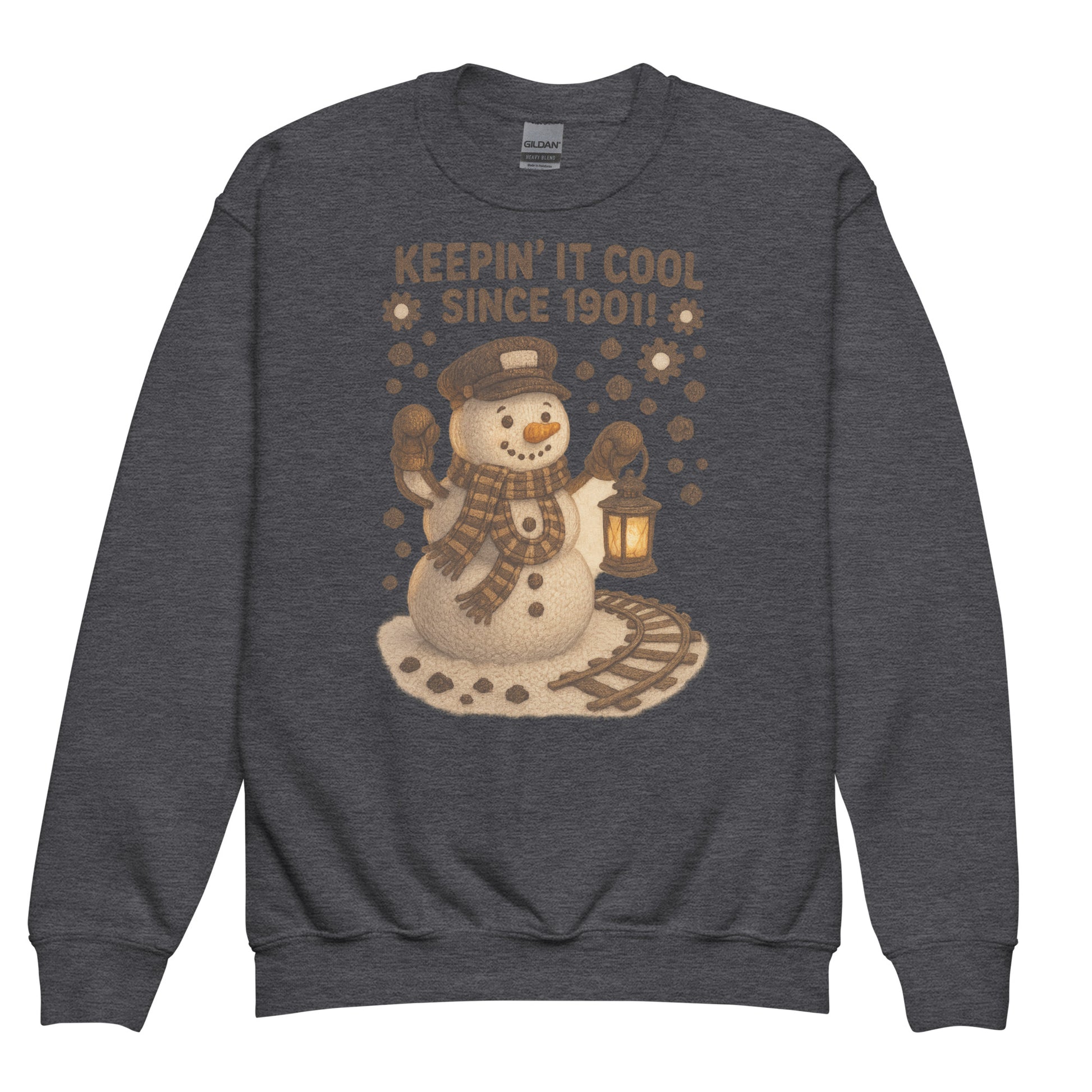 Gray sweatshirt with a snowman graphic and text on a white background