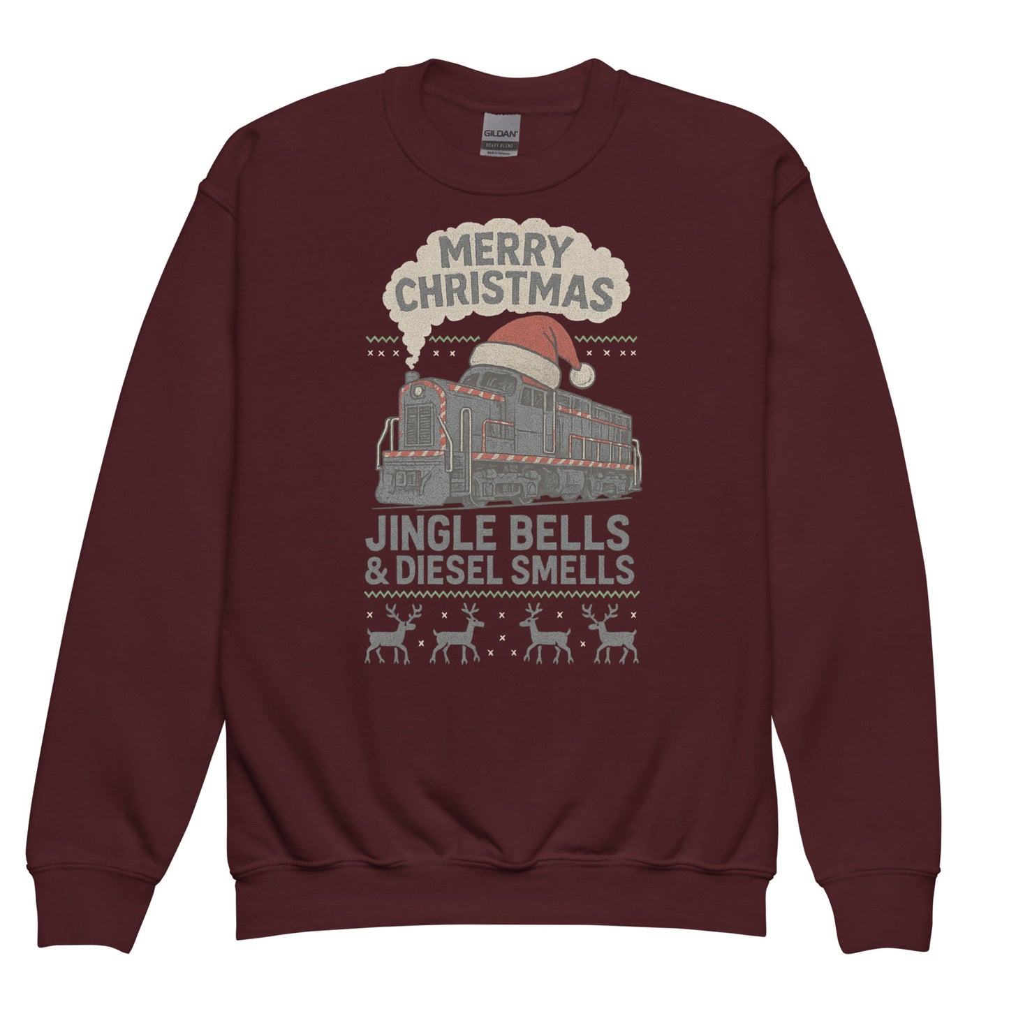 Maroon sweatshirt with Christmas train design on a white background