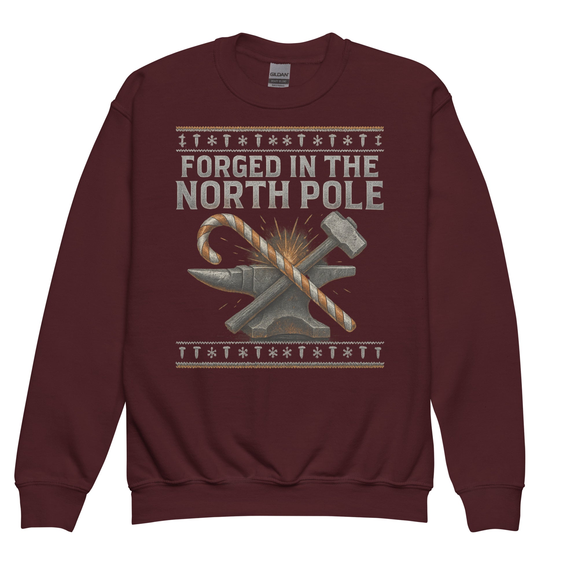 Maroon sweatshirt with 'Forged in the North Pole' graphic design on a white background