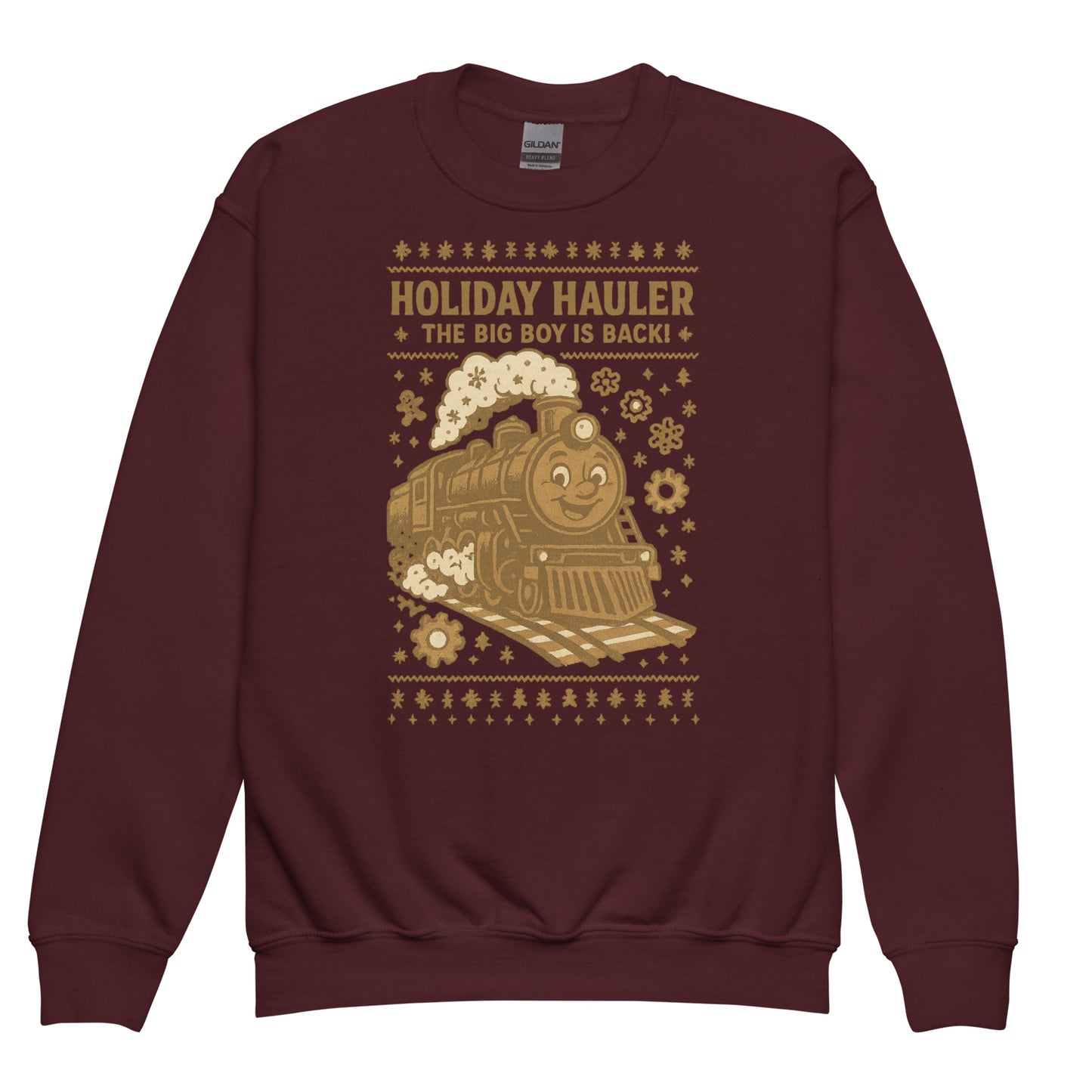 Maroon sweatshirt with a train graphic and text on a white background