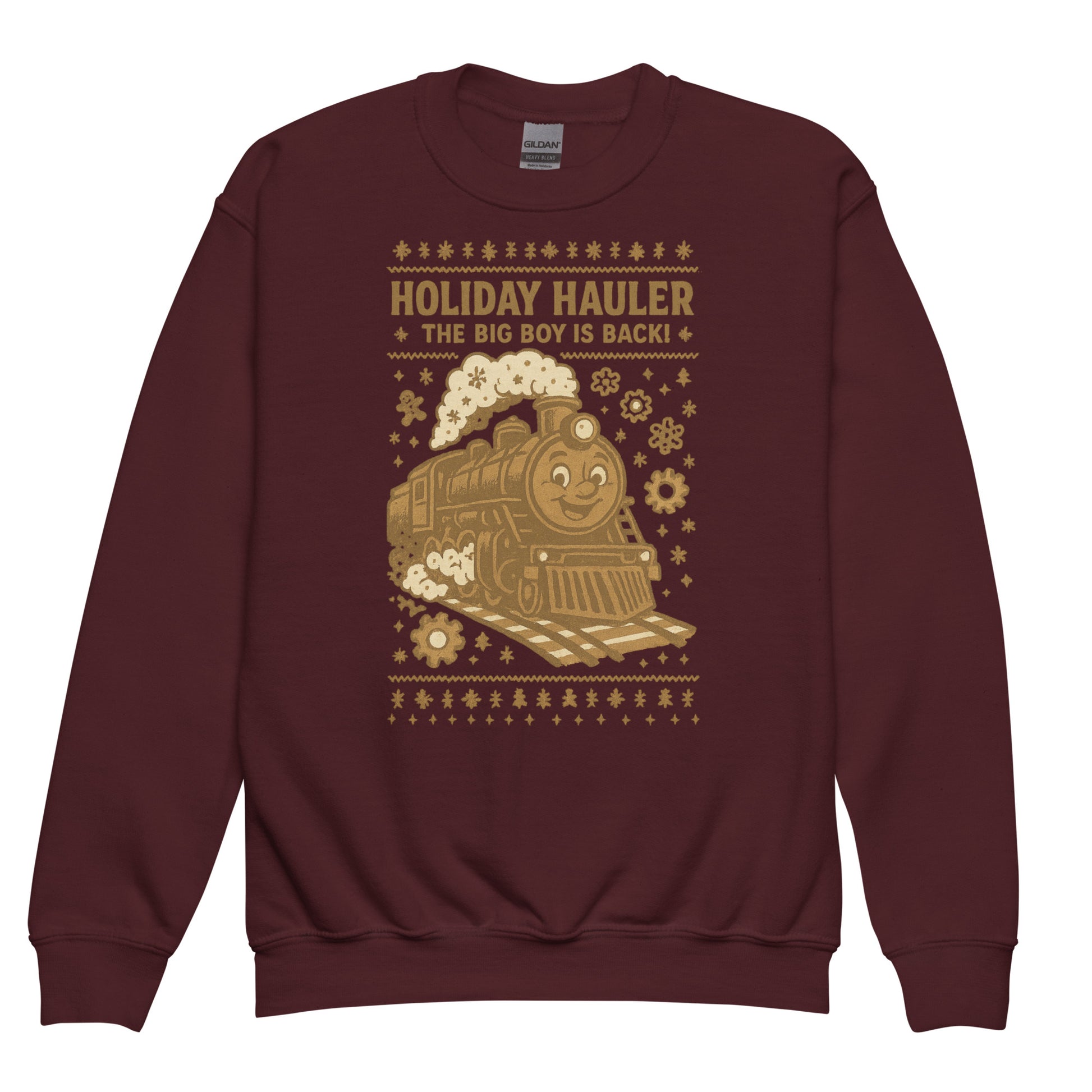 Maroon sweatshirt with a train graphic and text on a white background