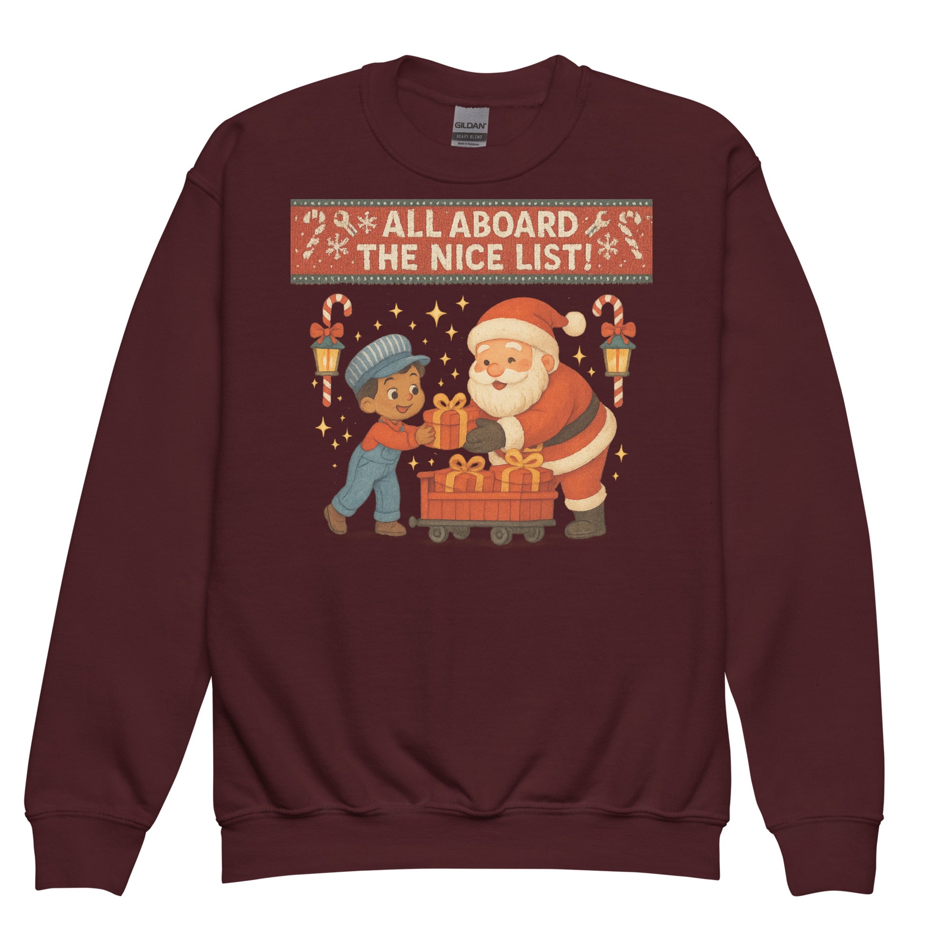 Maroon sweatshirt with Santa and child graphic and text 'All Aboard the Nice List!' on a white background