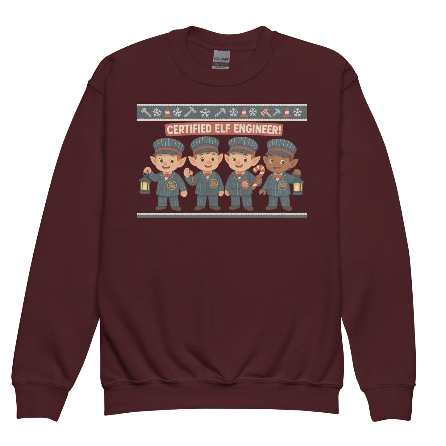 Maroon sweatshirt with a graphic of four elves and text 'Certified Elf Engineer' on a white background
