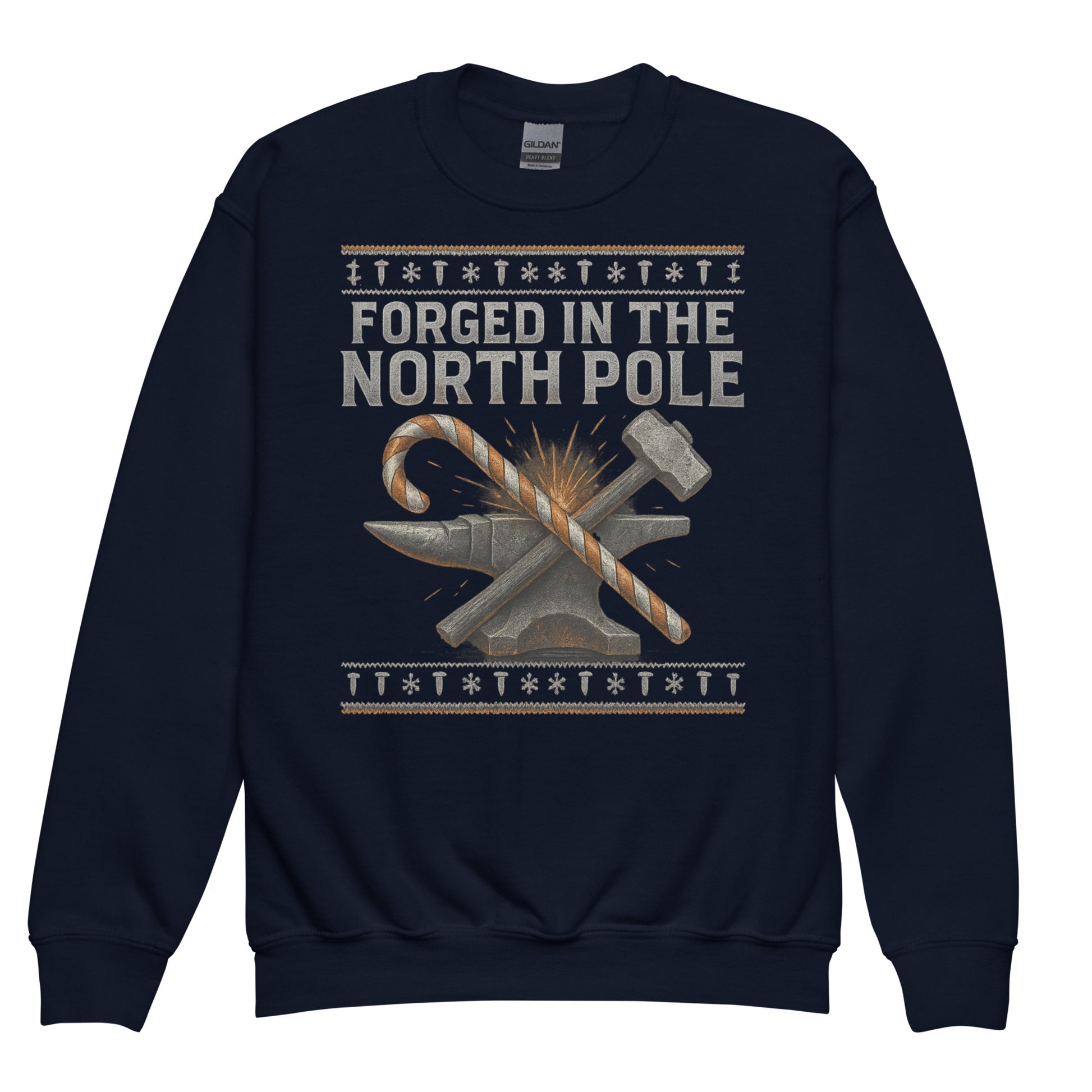 Navy blue sweatshirt with 'Forged in the North Pole' text and an anvil graphic on a white background