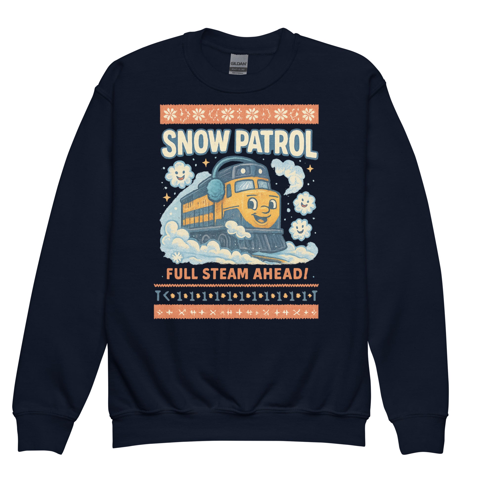 Navy blue sweatshirt with a train graphic and text on a white background