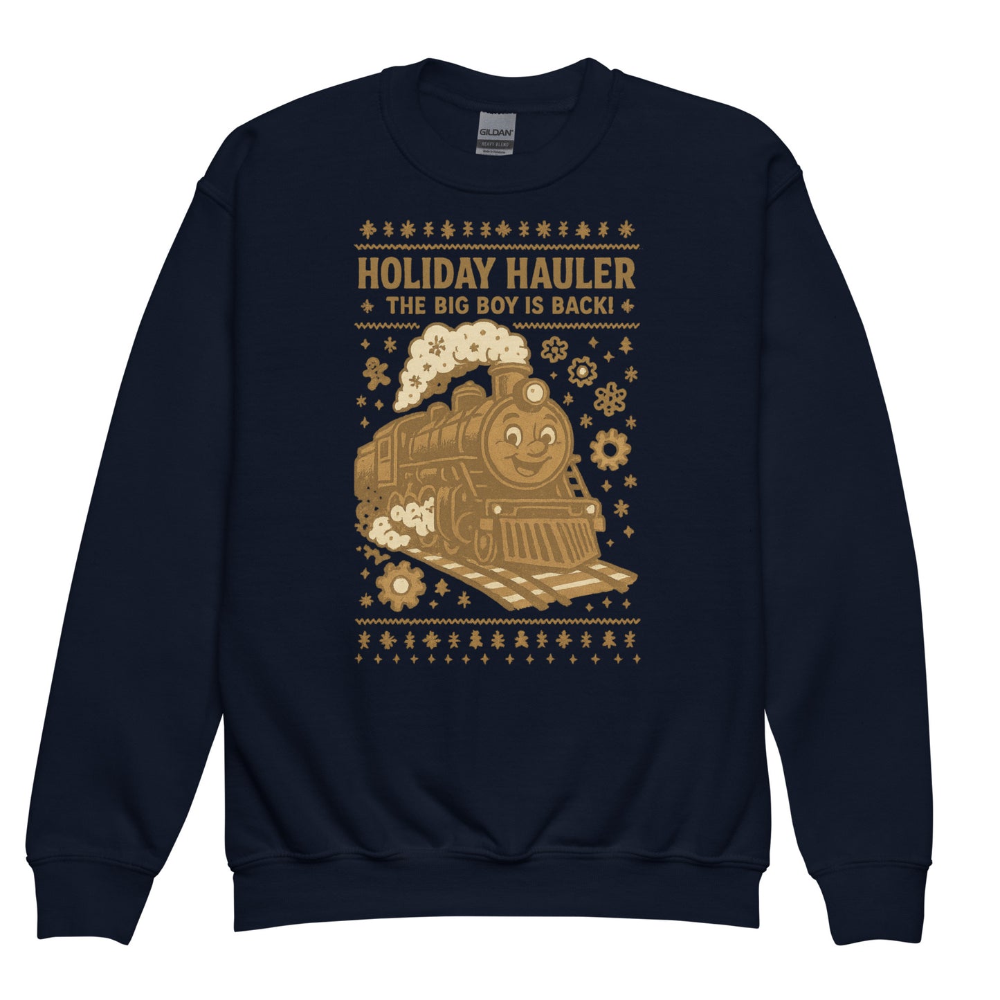 Navy blue sweatshirt with a gold train design and text on a white background