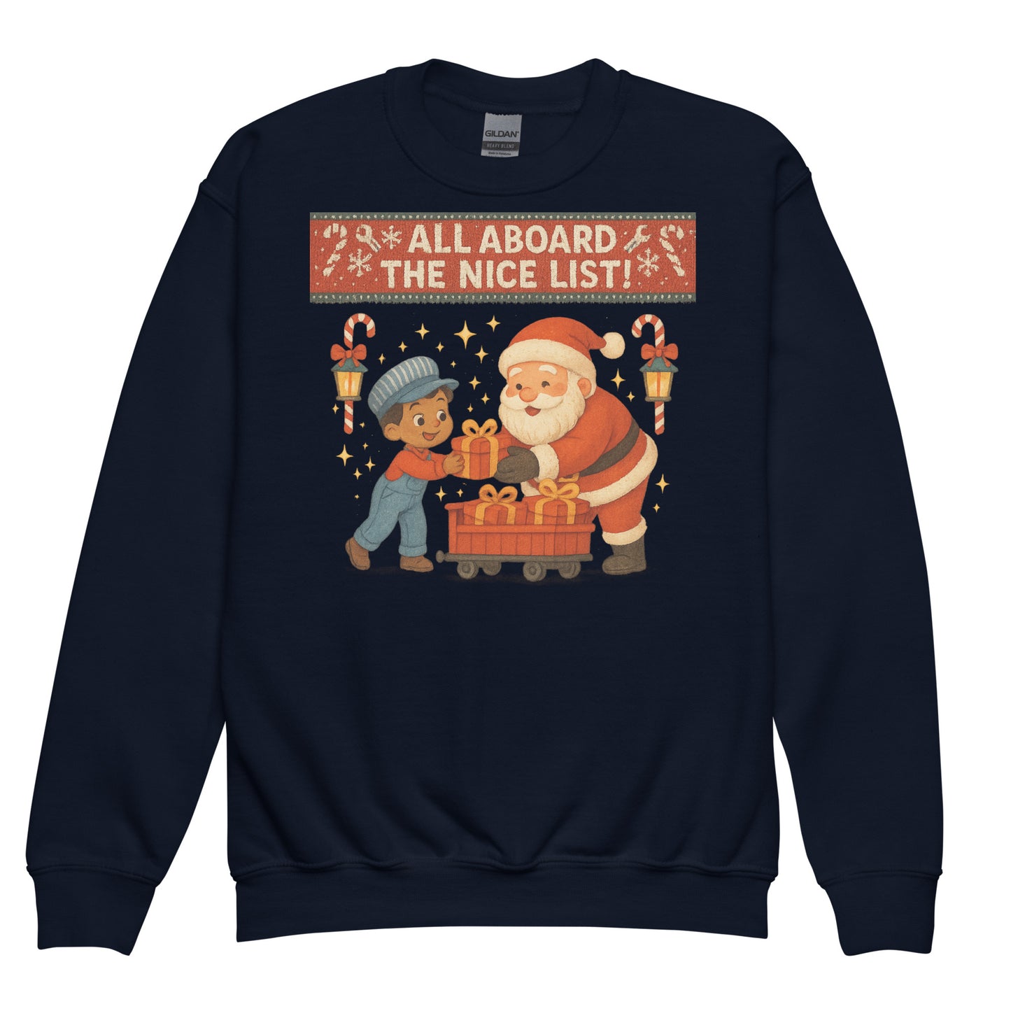 Navy blue sweatshirt with Santa and child graphic and text 'All Aboard the Nice List' on a white background