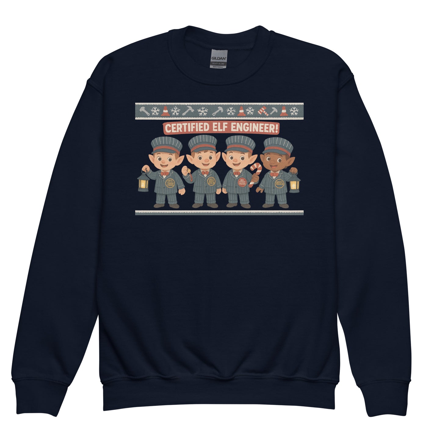 Navy blue sweatshirt with 'Certified Elf Engineer' graphic on a white background