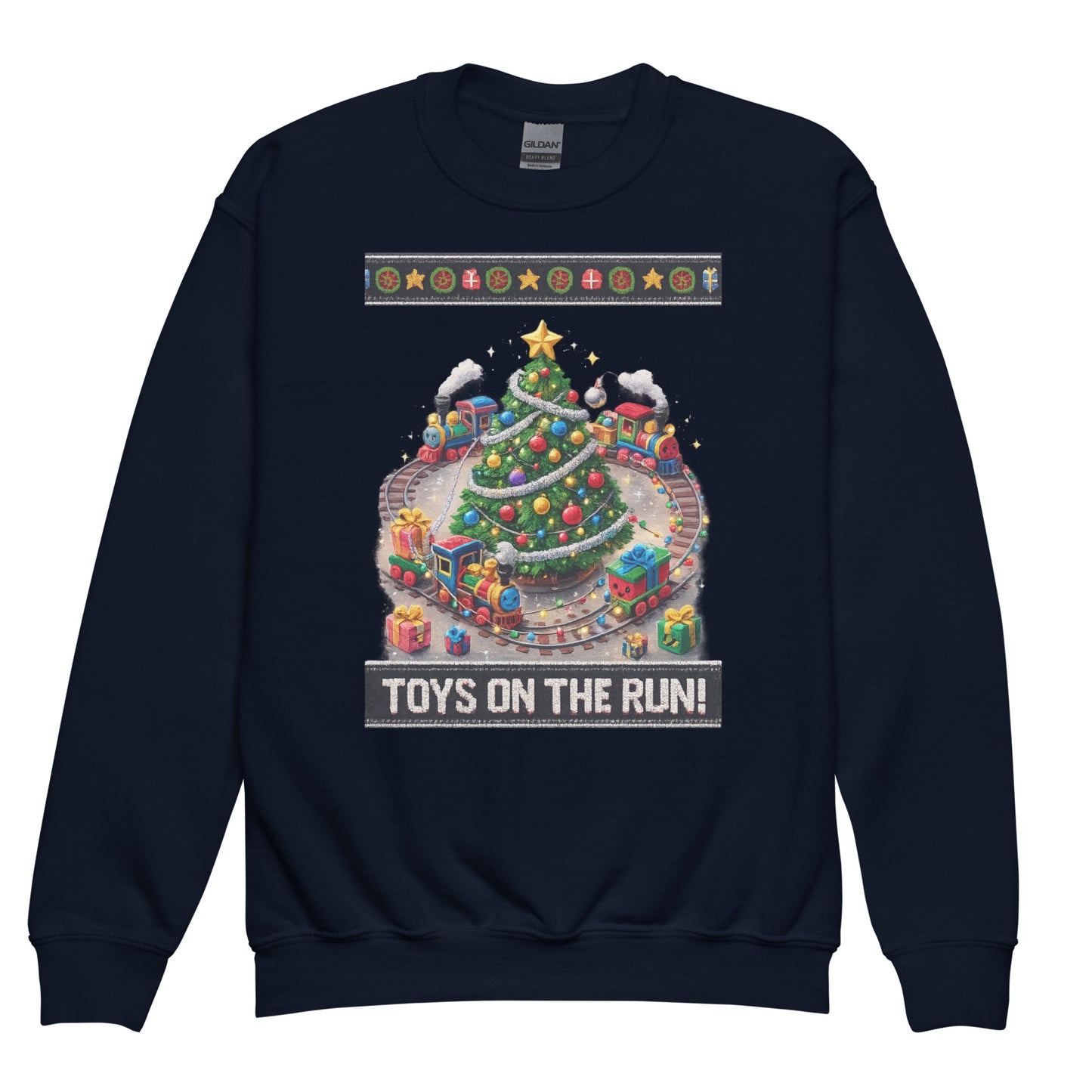Navy blue sweatshirt with Christmas tree and toys design on a white background