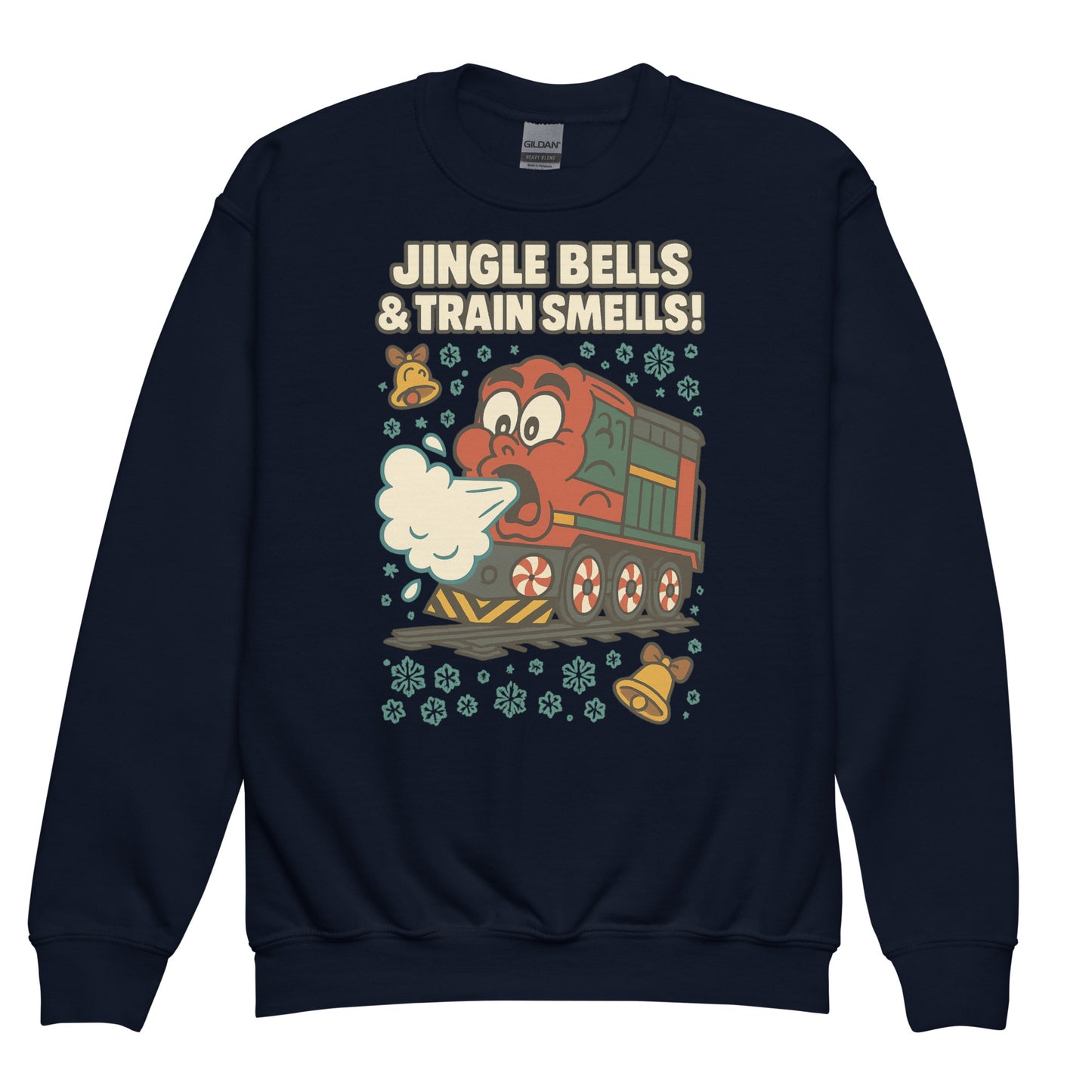 Navy blue sweatshirt with a cartoon train and text 'Jingle Bells & Train Smells!' on a white background
