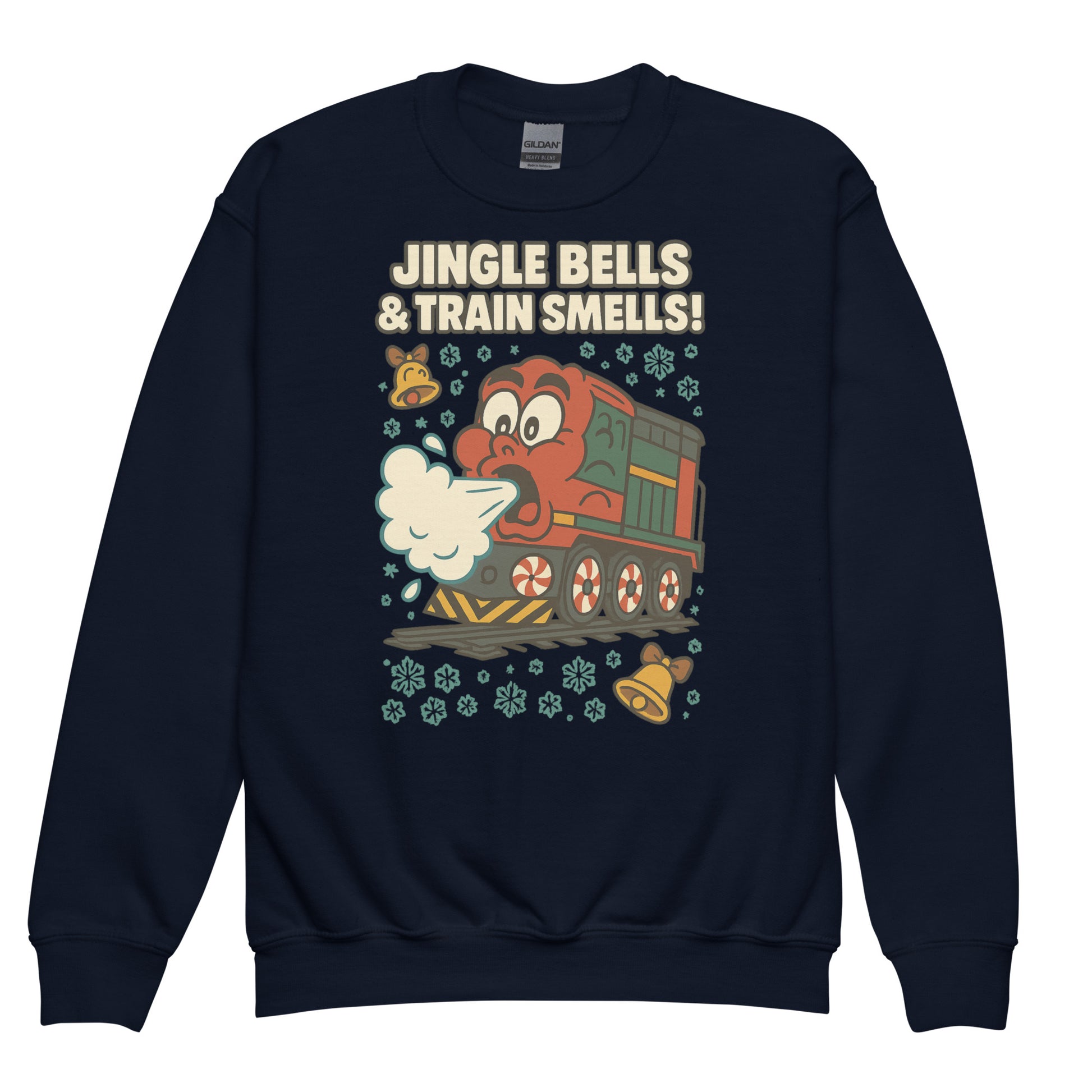 Navy blue sweatshirt with a cartoon train and text 'Jingle Bells & Train Smells!' on a white background
