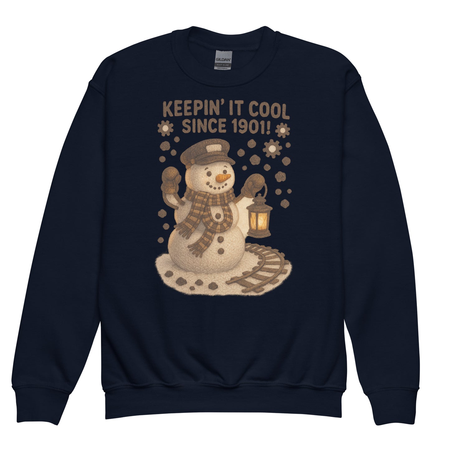 Navy blue sweatshirt with a snowman graphic and text on a white background