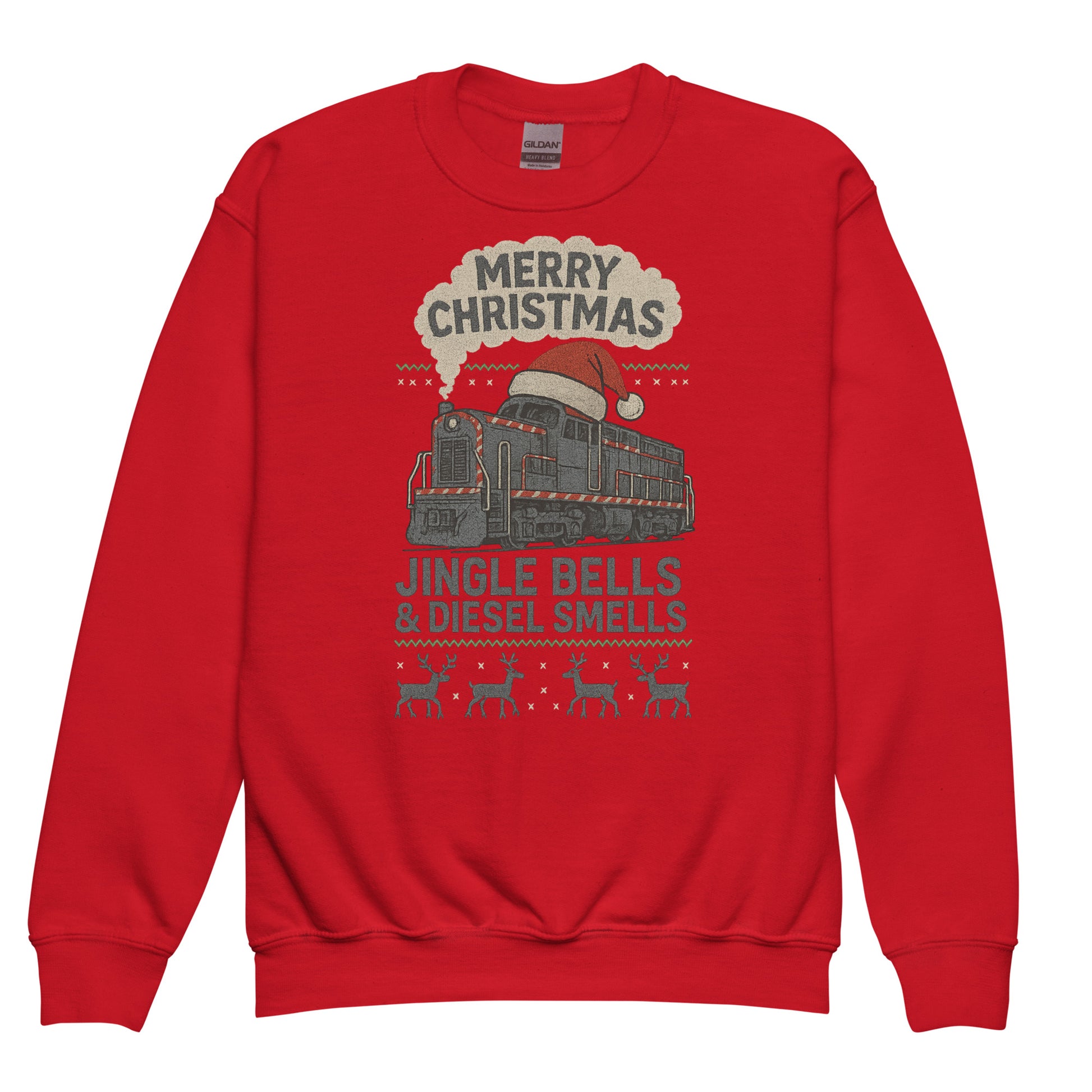 Red sweatshirt with Christmas train design on a white background