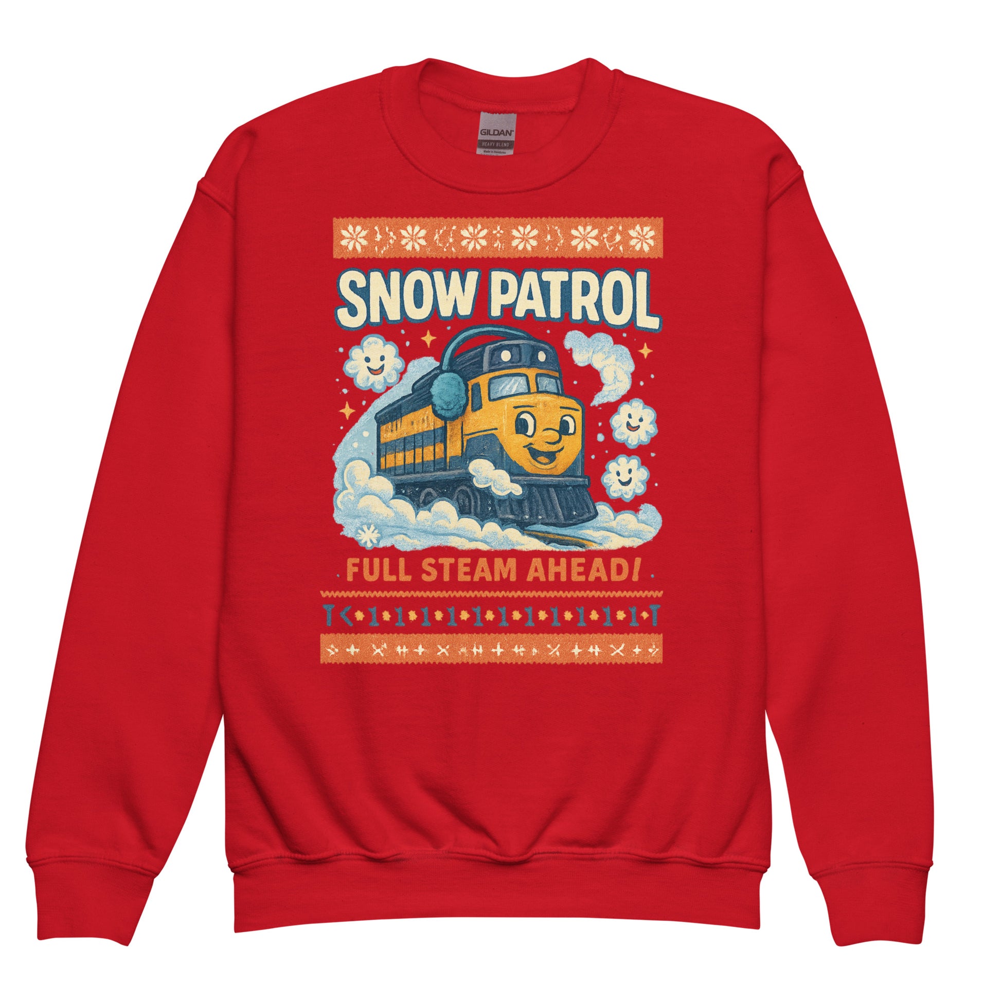 Red sweatshirt with a train graphic and text on a white background