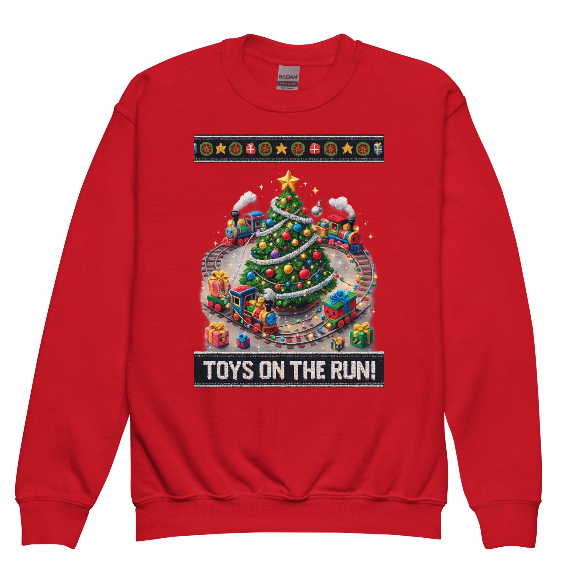 Red sweatshirt with Christmas tree and toy train design on a white background