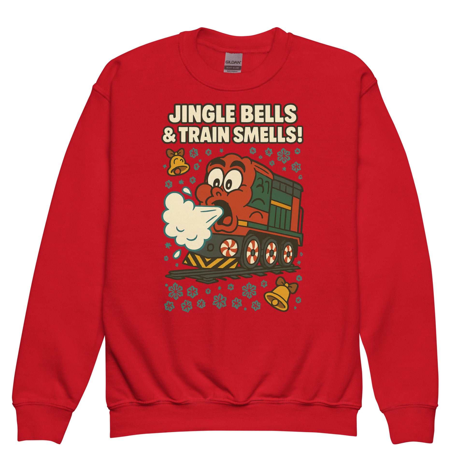 Red sweatshirt with a train graphic and text 'Jingle Bells & Train Smells!' on a white background