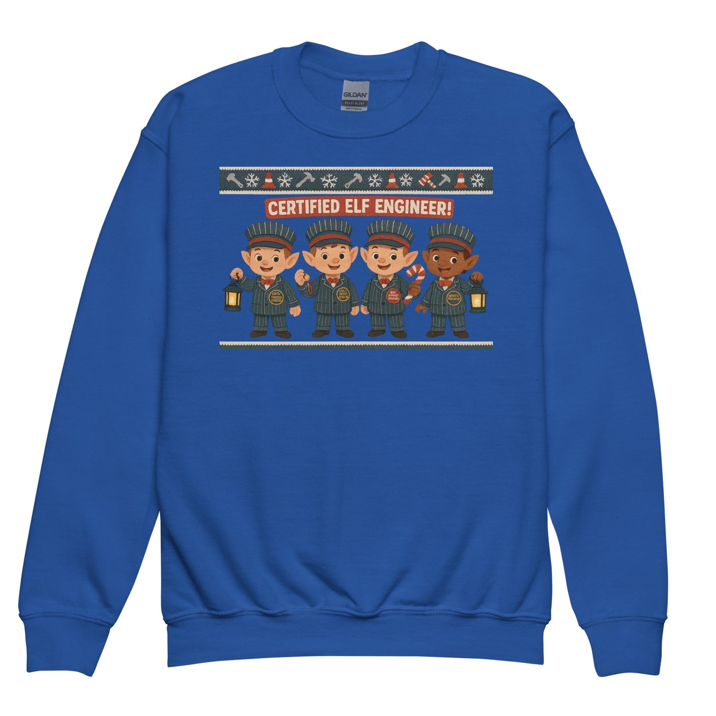 Blue sweatshirt with a graphic of four elves and text 'Certified Elf Engineer' on a white background
