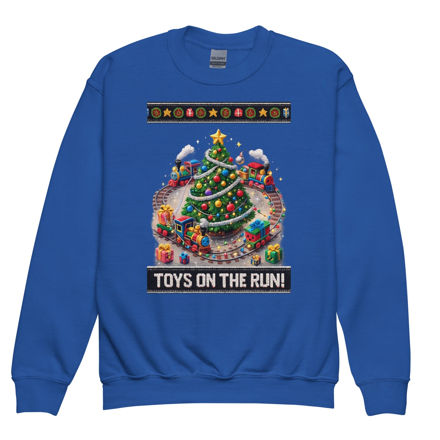 Blue sweatshirt with a Christmas-themed design and 'Toys on the Run!' text on a white background