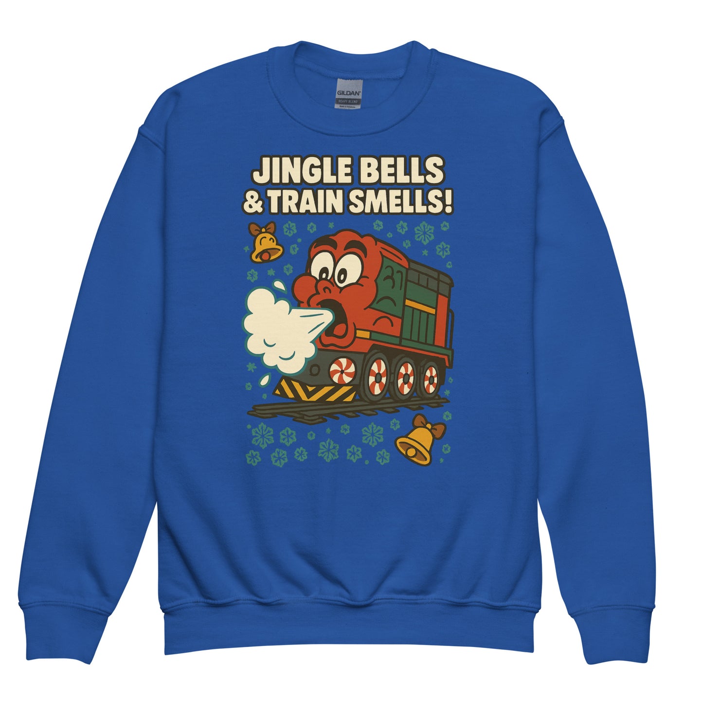 Blue sweatshirt with a train graphic and text 'Jingle Bells & Train Smells!' on a white background
