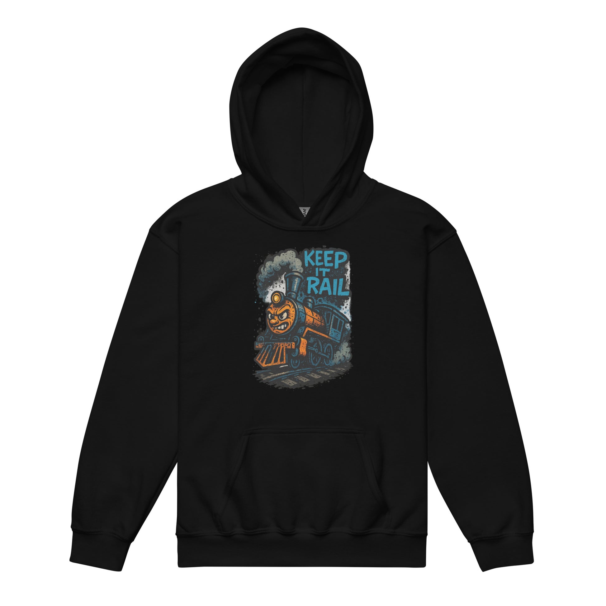 Black hoodie with a graphic design of a train and text on a white background