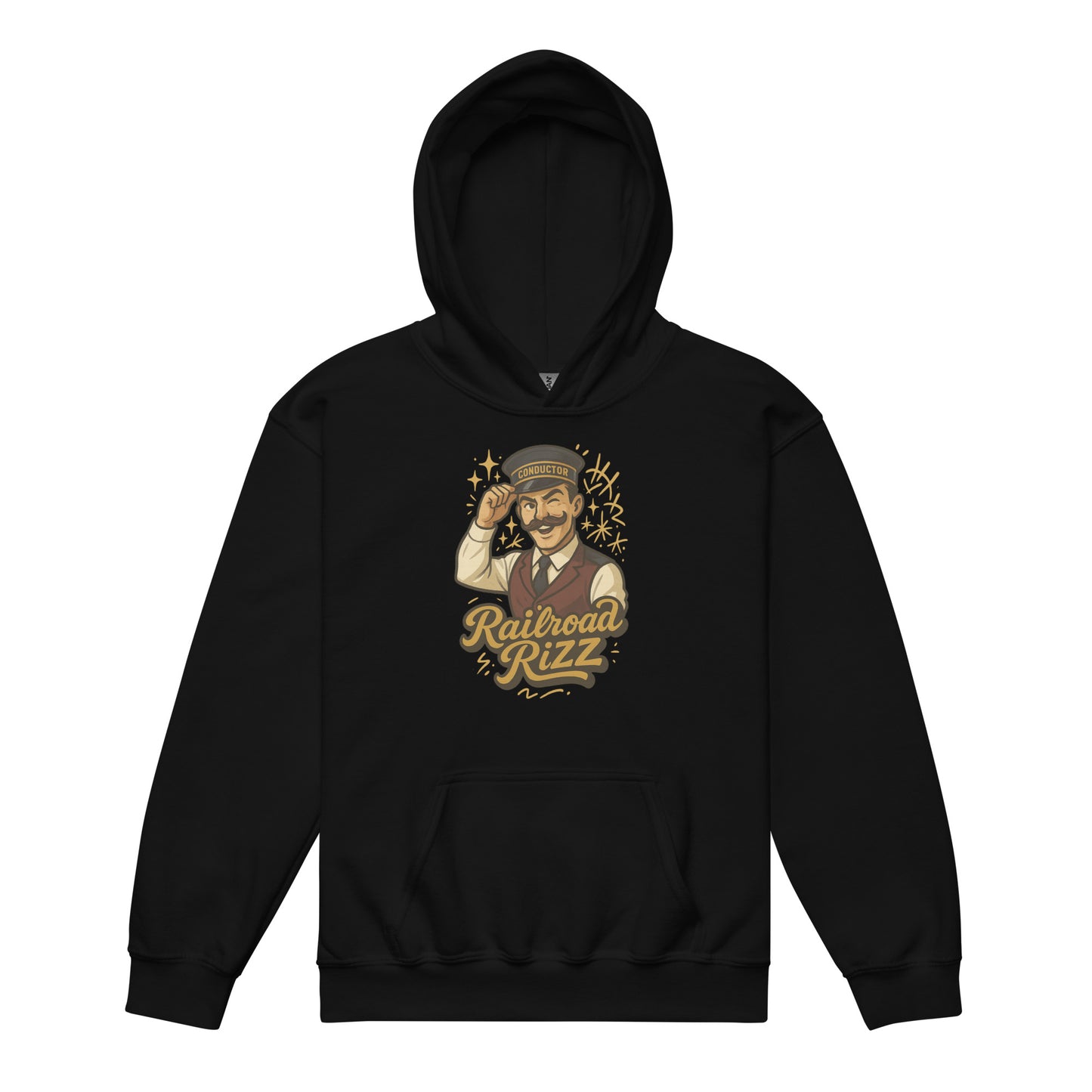 Black hoodie with a graphic design on a white background