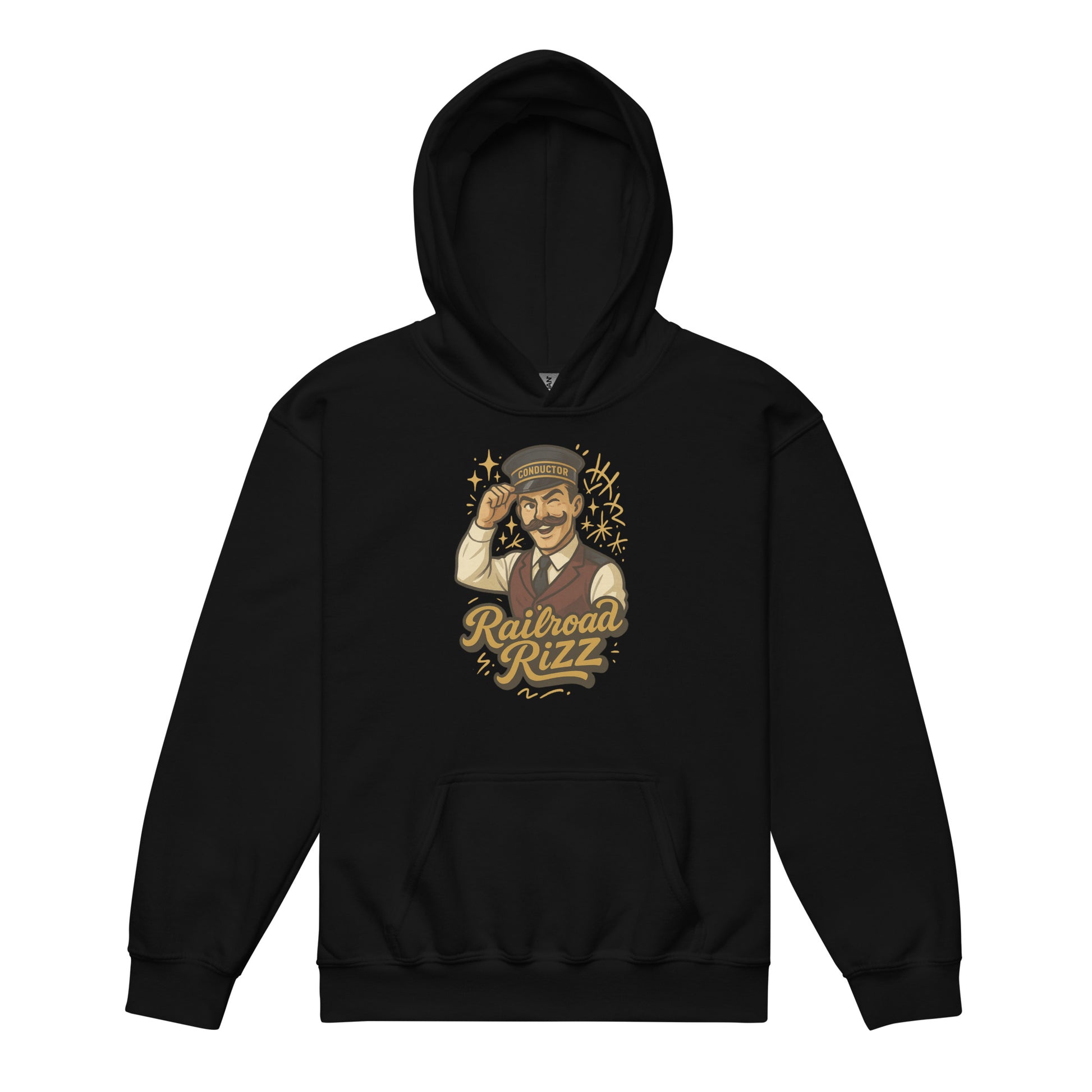 Black hoodie with a graphic design on a white background