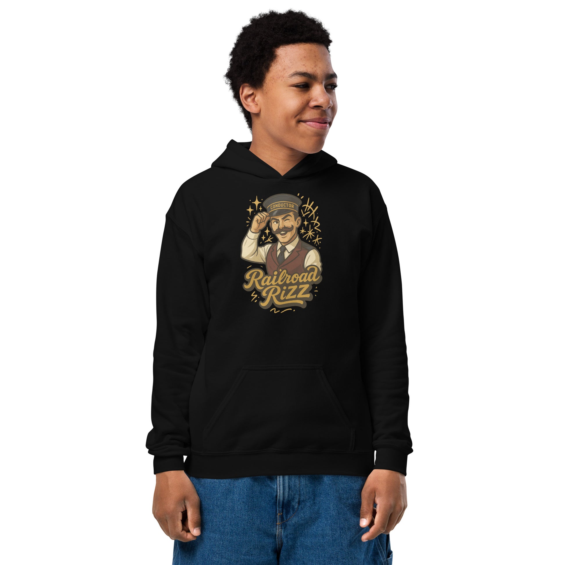 Person wearing a black hoodie with 'Railroad Rizz' graphic design on a white background