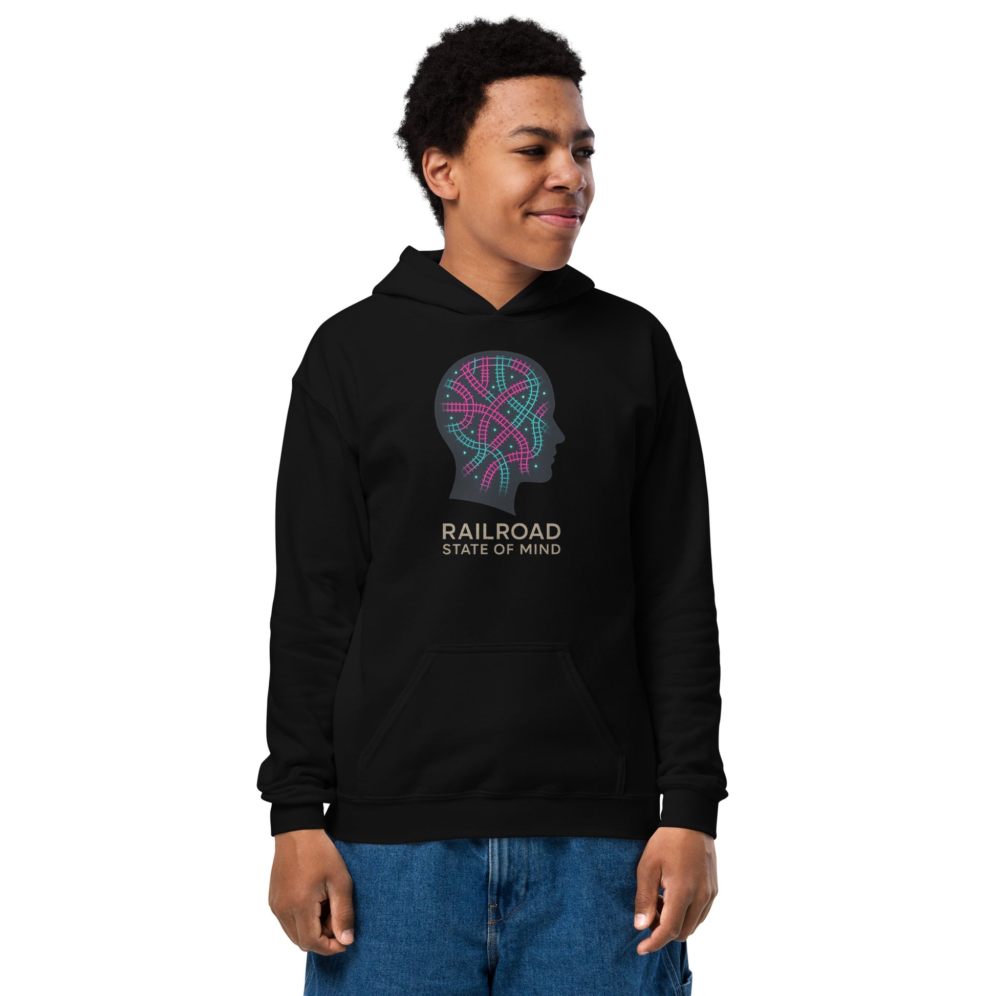 Person wearing a black hoodie with a colorful graphic and text on a white background