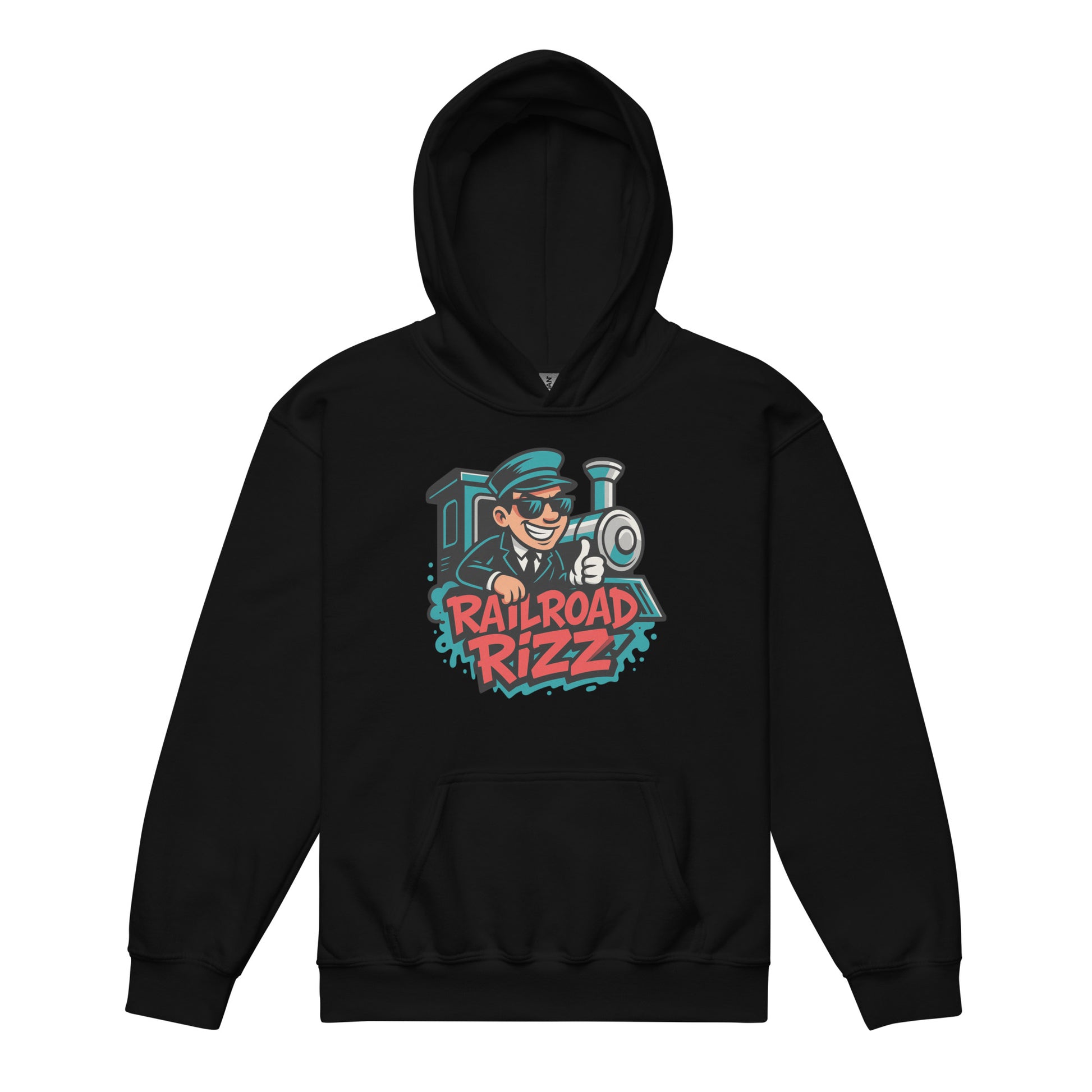 Black hoodie with 'Railroad Rizz' graphic on a white background