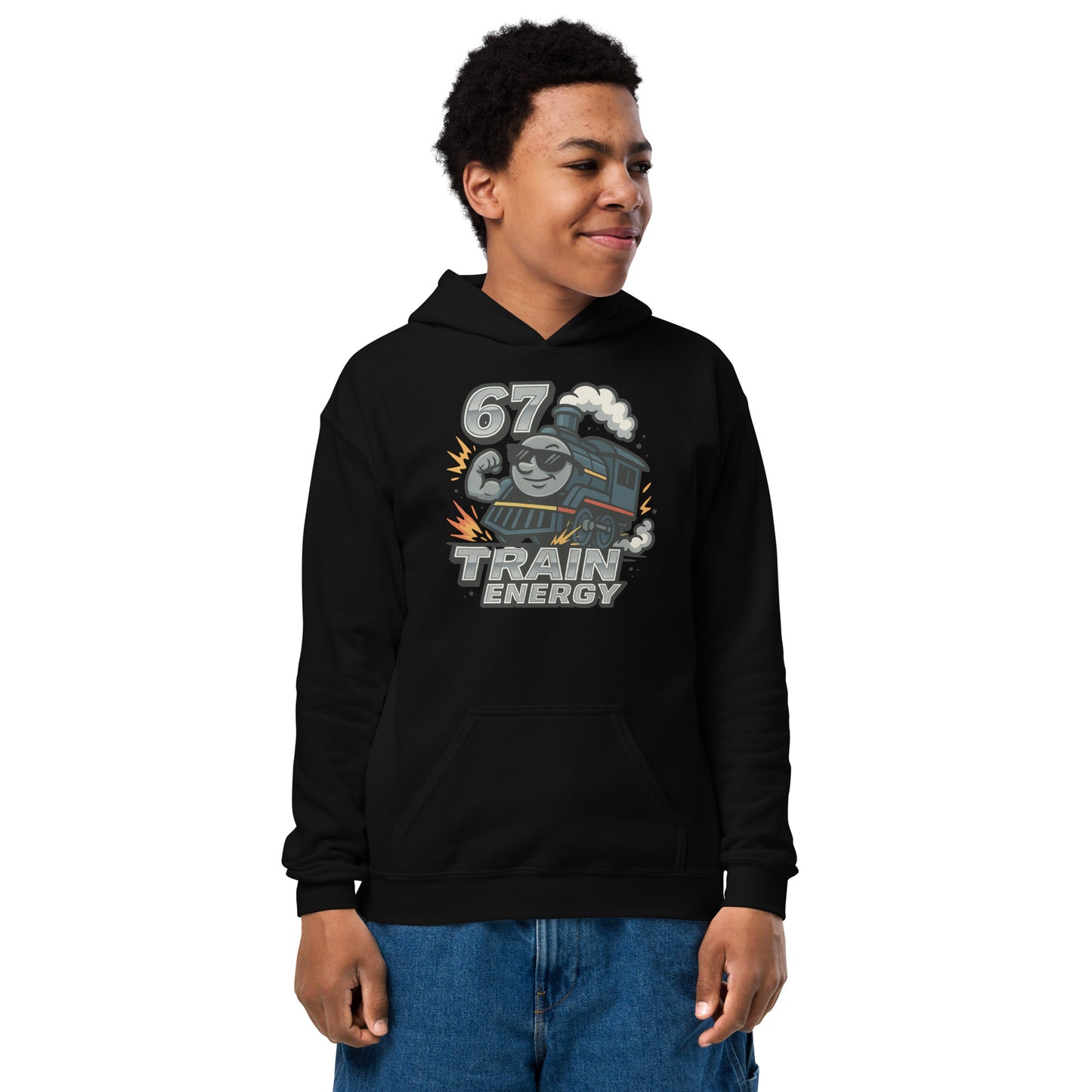 Person wearing a black hoodie with a train design and text on a white background