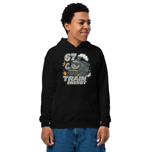 Person wearing a black hoodie with a train design and text on a white background