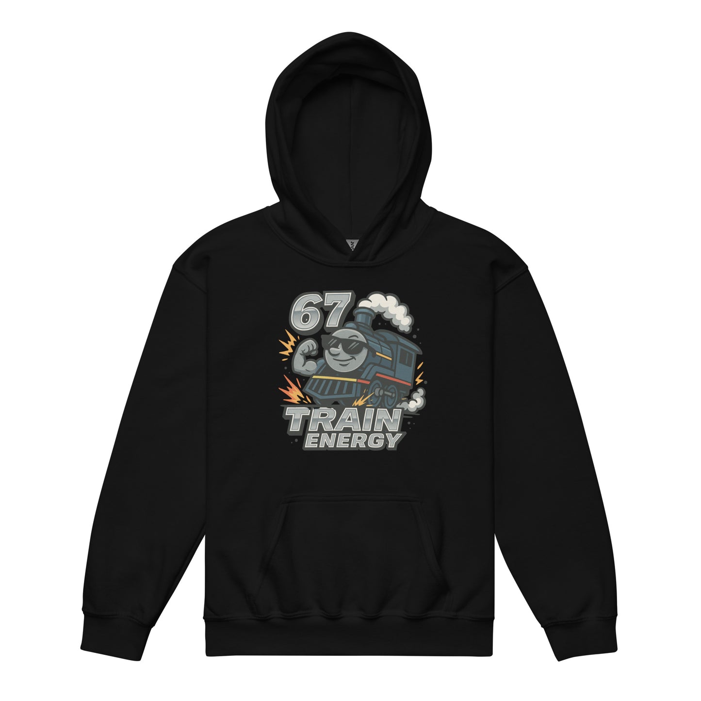 Black hoodie with a train graphic and text on a white background