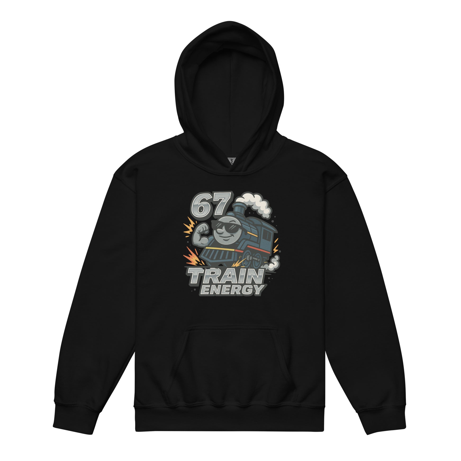 Black hoodie with a train graphic and text on a white background