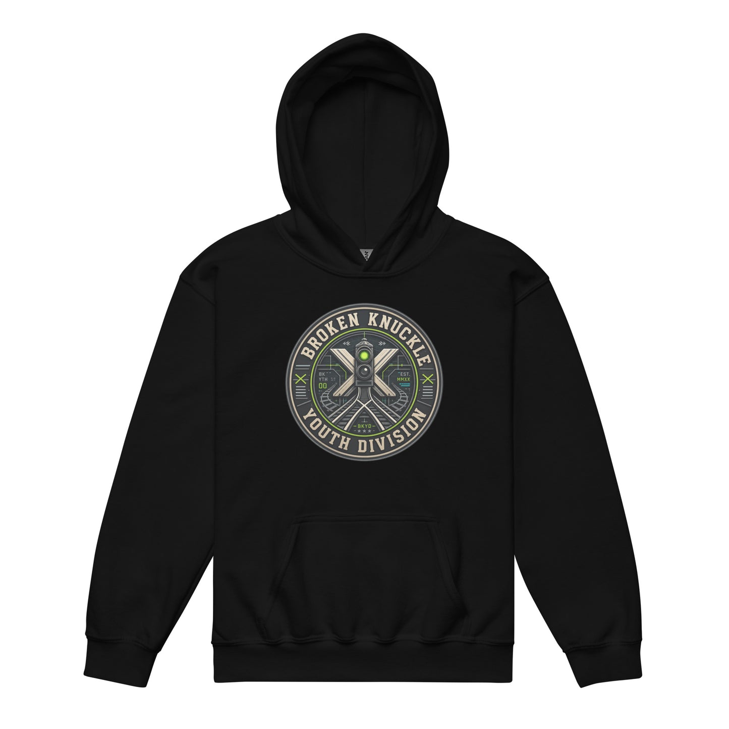 A black pullover hoodie displayed on a plain white background, featuring a circular chest graphic with the text "Broken Knuckle Youth Division" wrapped around a technical design of a green railroad signal light, a crossing sign, and train tracks.