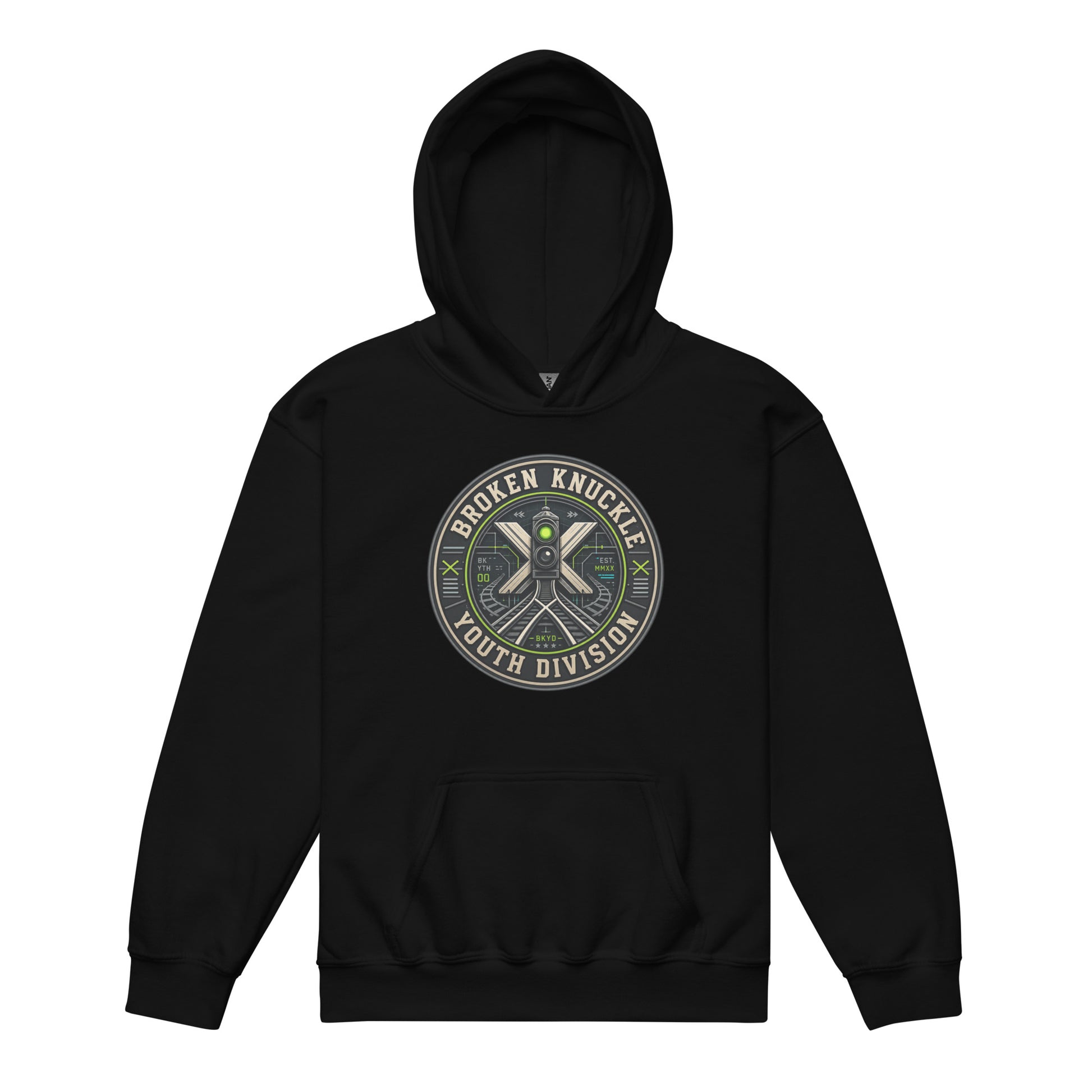 A black pullover hoodie displayed on a plain white background, featuring a circular chest graphic with the text "Broken Knuckle Youth Division" wrapped around a technical design of a green railroad signal light, a crossing sign, and train tracks.