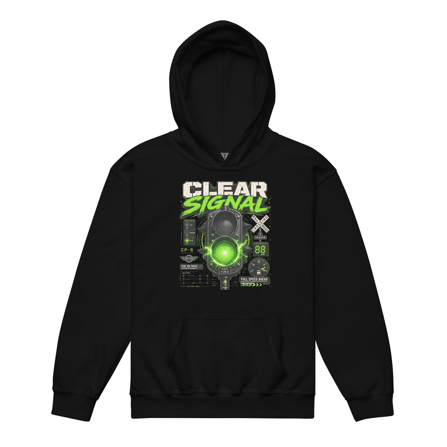 a black pullover hoodie featuring a bold graphic with the words CLEAR SIGNAL in white and neon green above an electrified green train signal, railroad crossing signs, and technical dials.