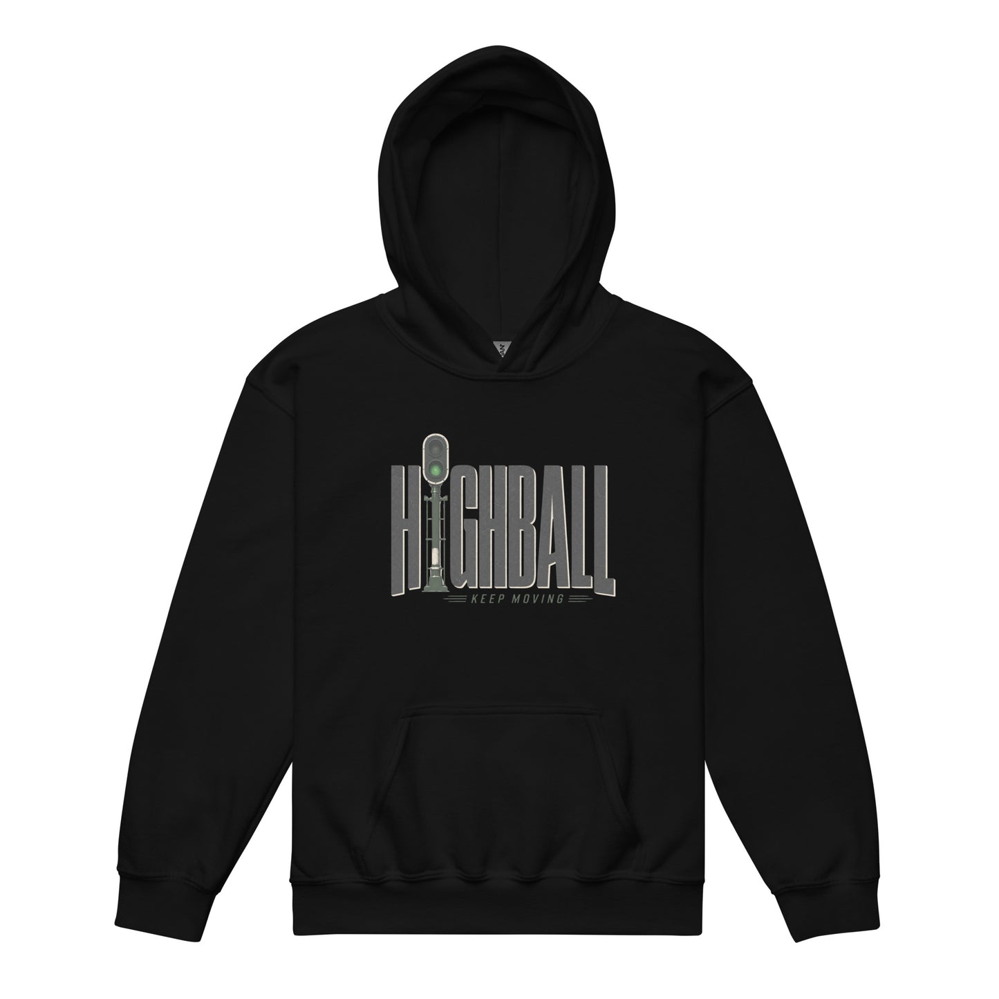 A black pullover hoodie displayed on a plain white background, featuring a chest graphic with the word HIGHBALL in tall grey letters, where the letter I is a green railroad signal, sitting above the text KEEP MOVING.