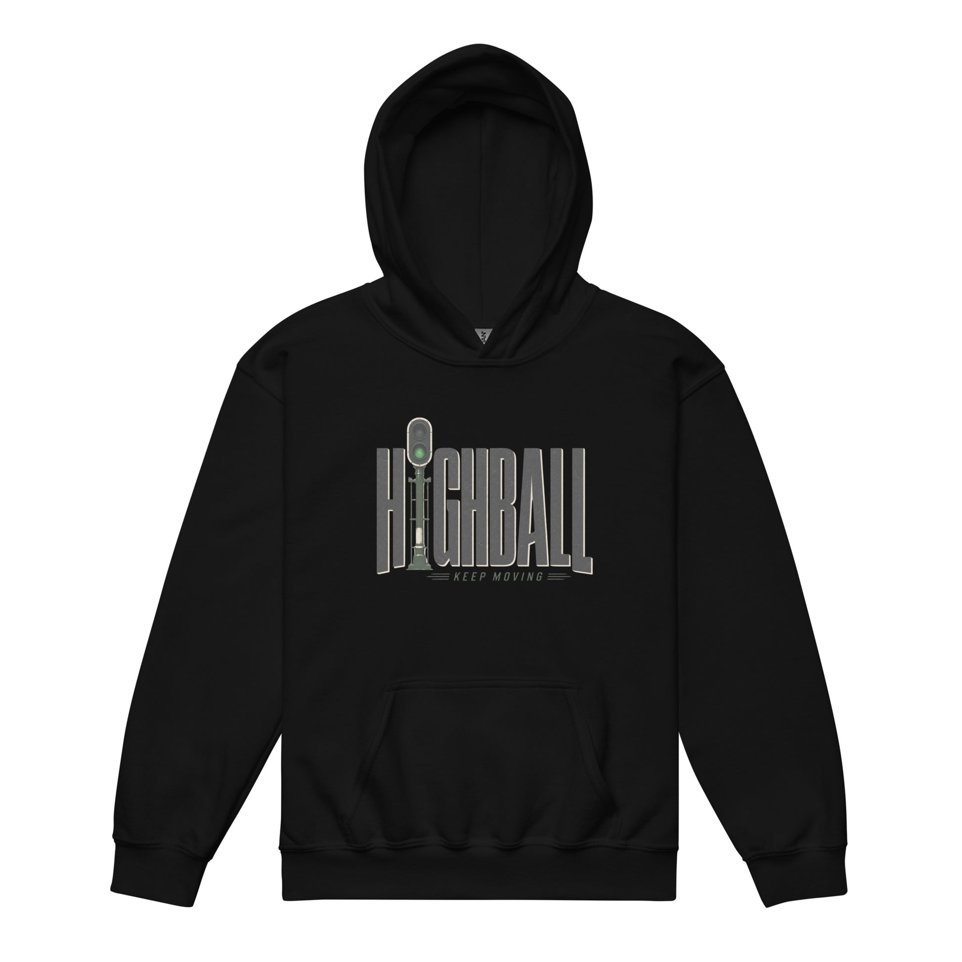 A black pullover hoodie displayed on a plain white background, featuring a chest graphic with the word HIGHBALL in tall grey letters, where the letter I is a green railroad signal, sitting above the text KEEP MOVING.