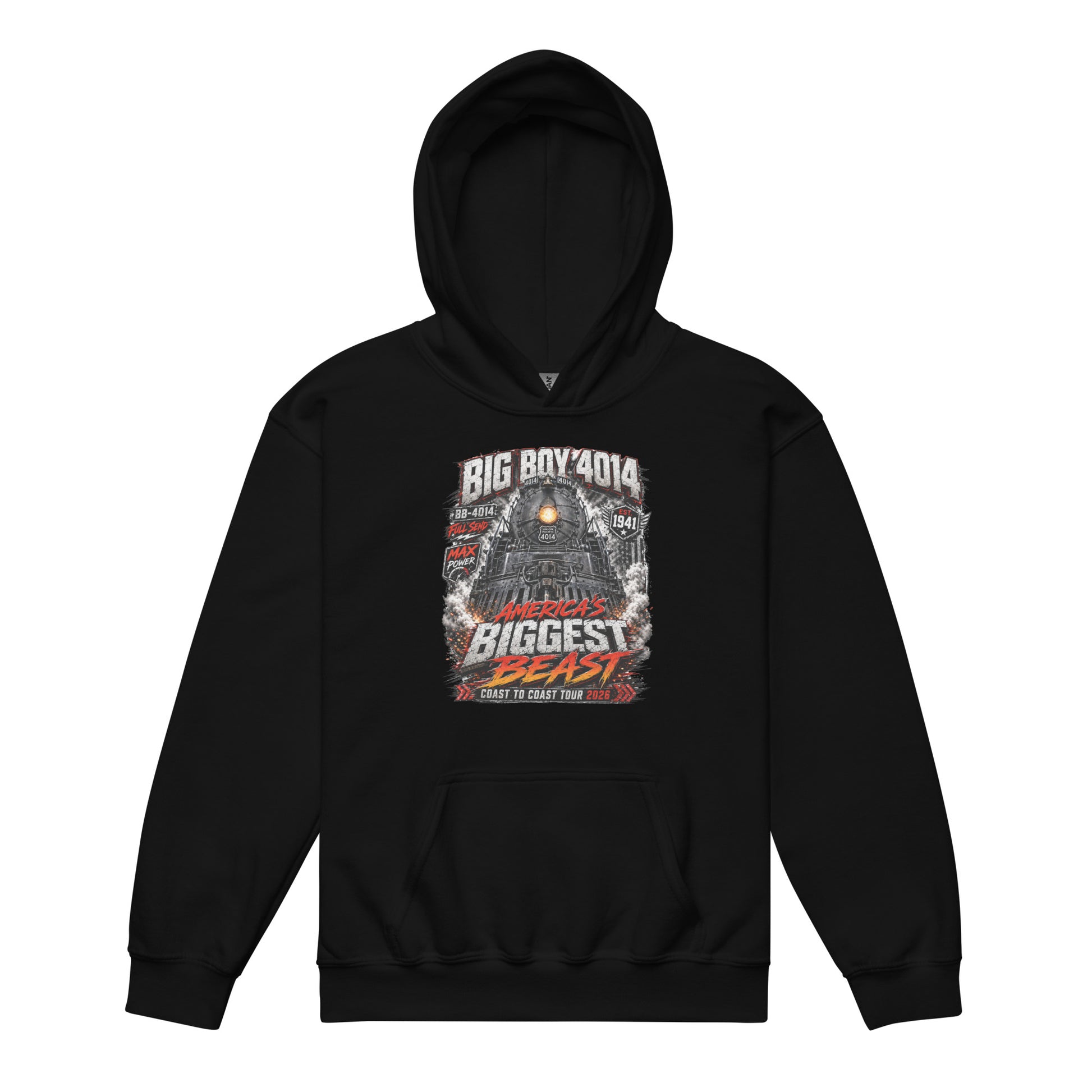 A black pullover hoodie displayed on a plain white background, featuring a large chest graphic of a steam locomotive head-on with text that reads BIG BOY 4014, 1941, AMERICA'S BIGGEST BEAST, and COAST TO COAST TOUR 2026.