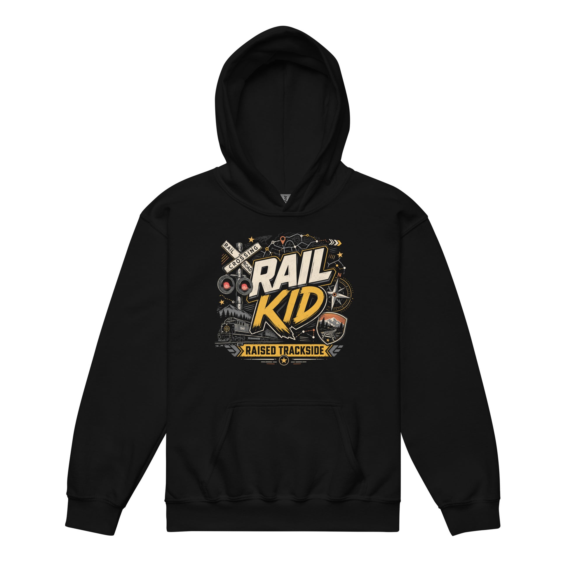 black pullover hoodie featuring an adventure-style graphic with the text RAIL KID and RAISED TRACKSIDE, surrounded by illustrations of a railroad crossing sign, a train in the mountains, map lines, and a compass.