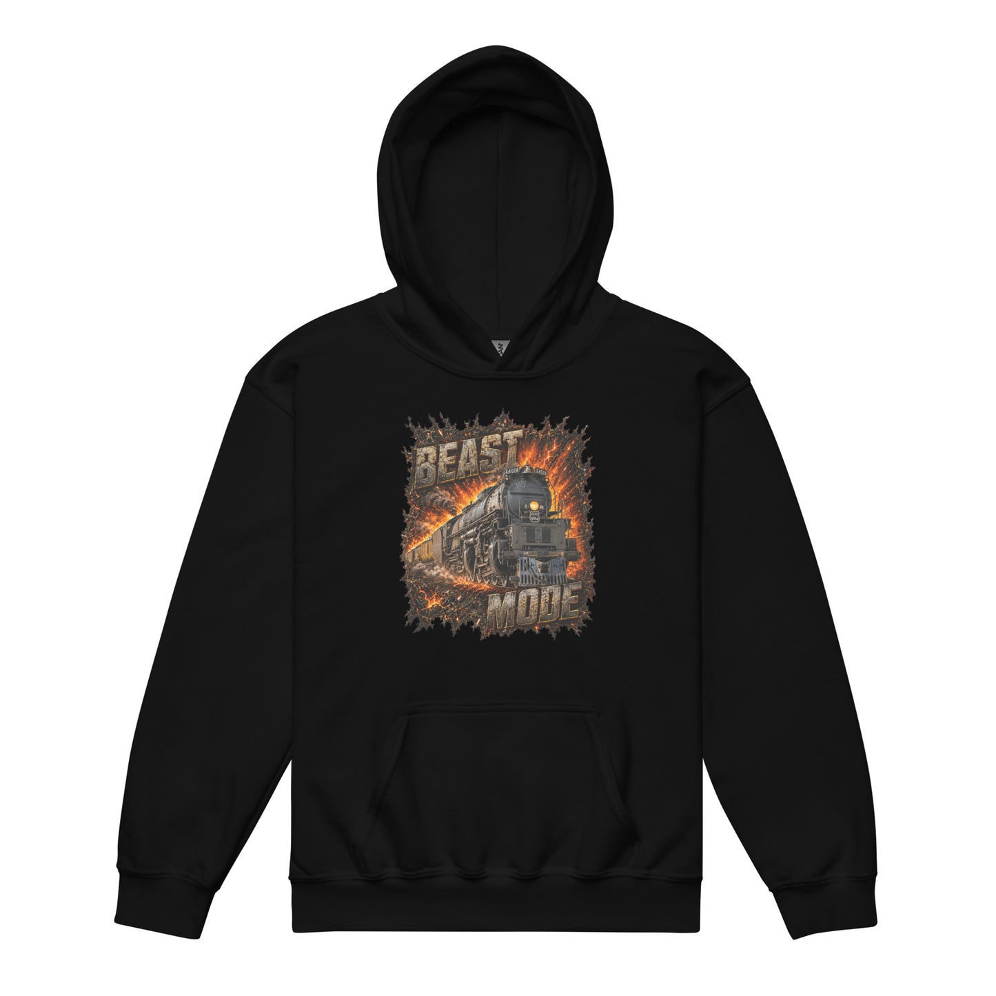 black pullover hoodie featuring an explosive, fiery graphic of a steam locomotive charging forward, framed by the text BEAST at the top and MODE at the bottom in rugged, stone-textured letters.